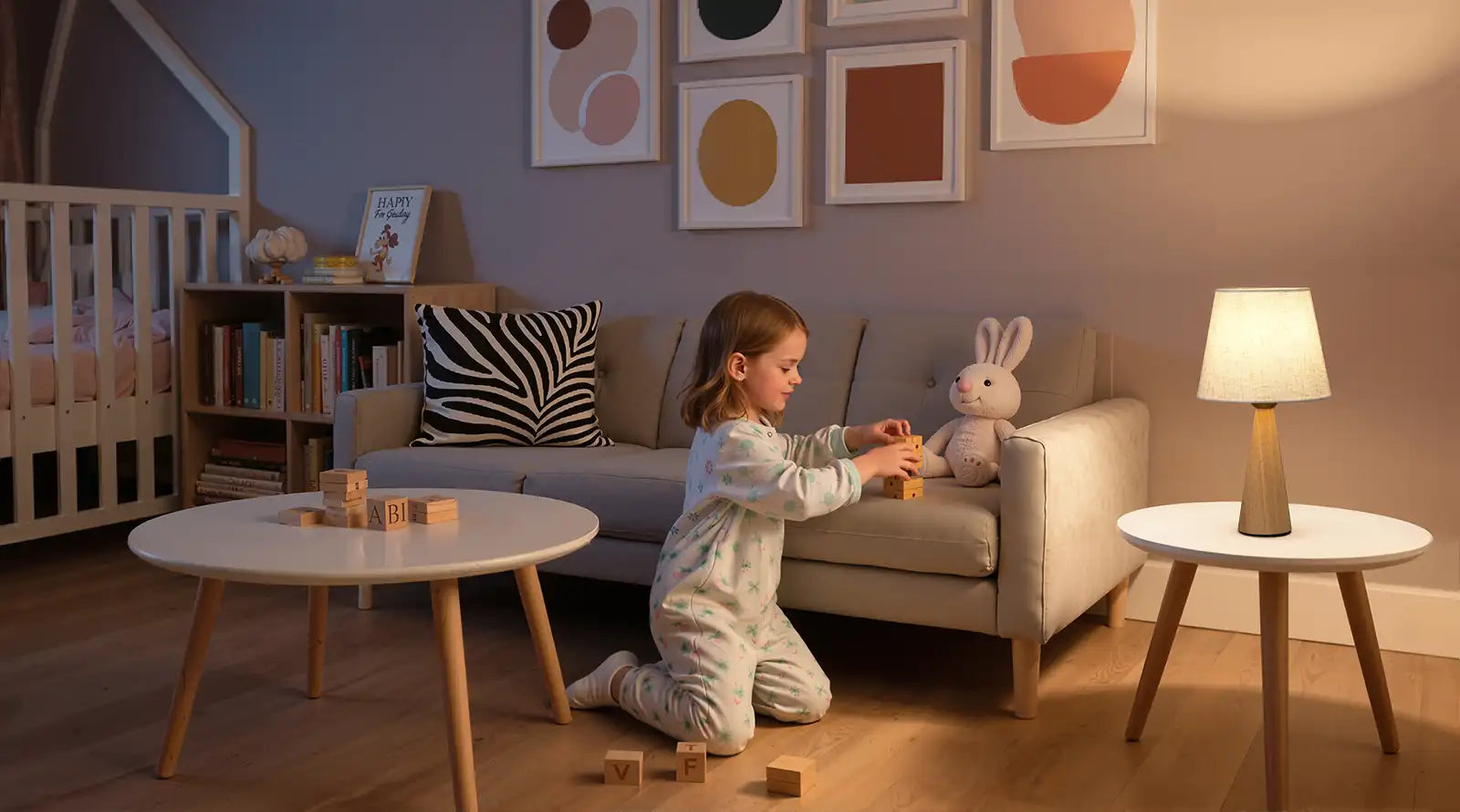 Child playing with toys in a cozy living room setting with a Linen Table Lamp
