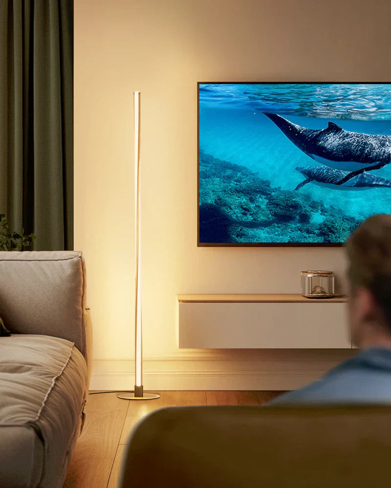 Gold-LED-Floor-Lamp-Placed-Next-to-TV-in-Living-Room