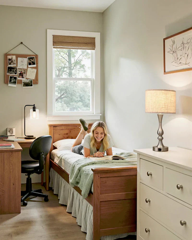Woman-Lying-on-Bed-in-Bedroom-Enjoying-Table-Lamp-Light-Reading-Book