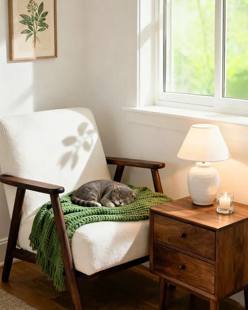 the-pet-cat-is-sleeping-on-the-chair-beside-the-desk-lamp