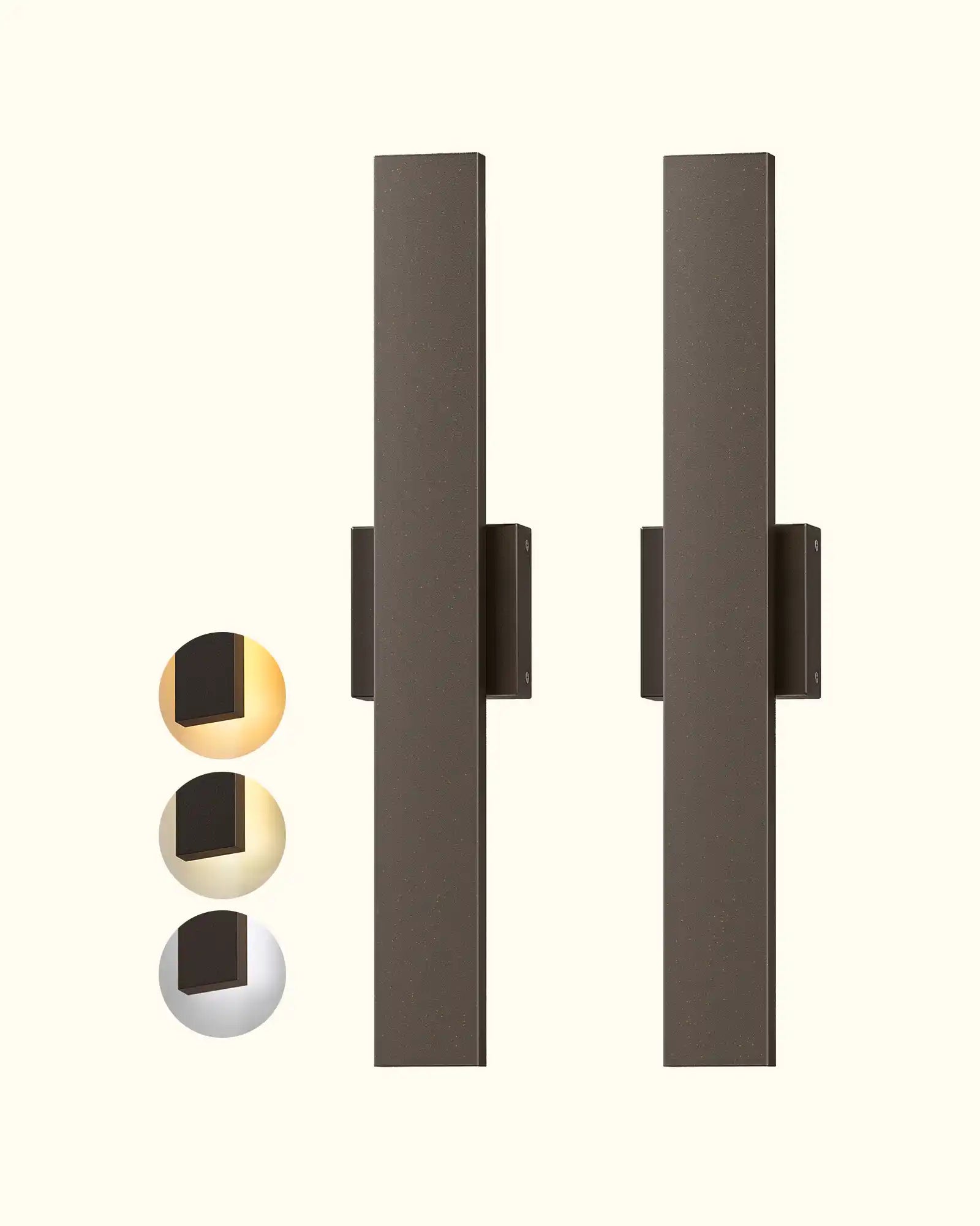 Two modern wall sconces with color swatches on a white background