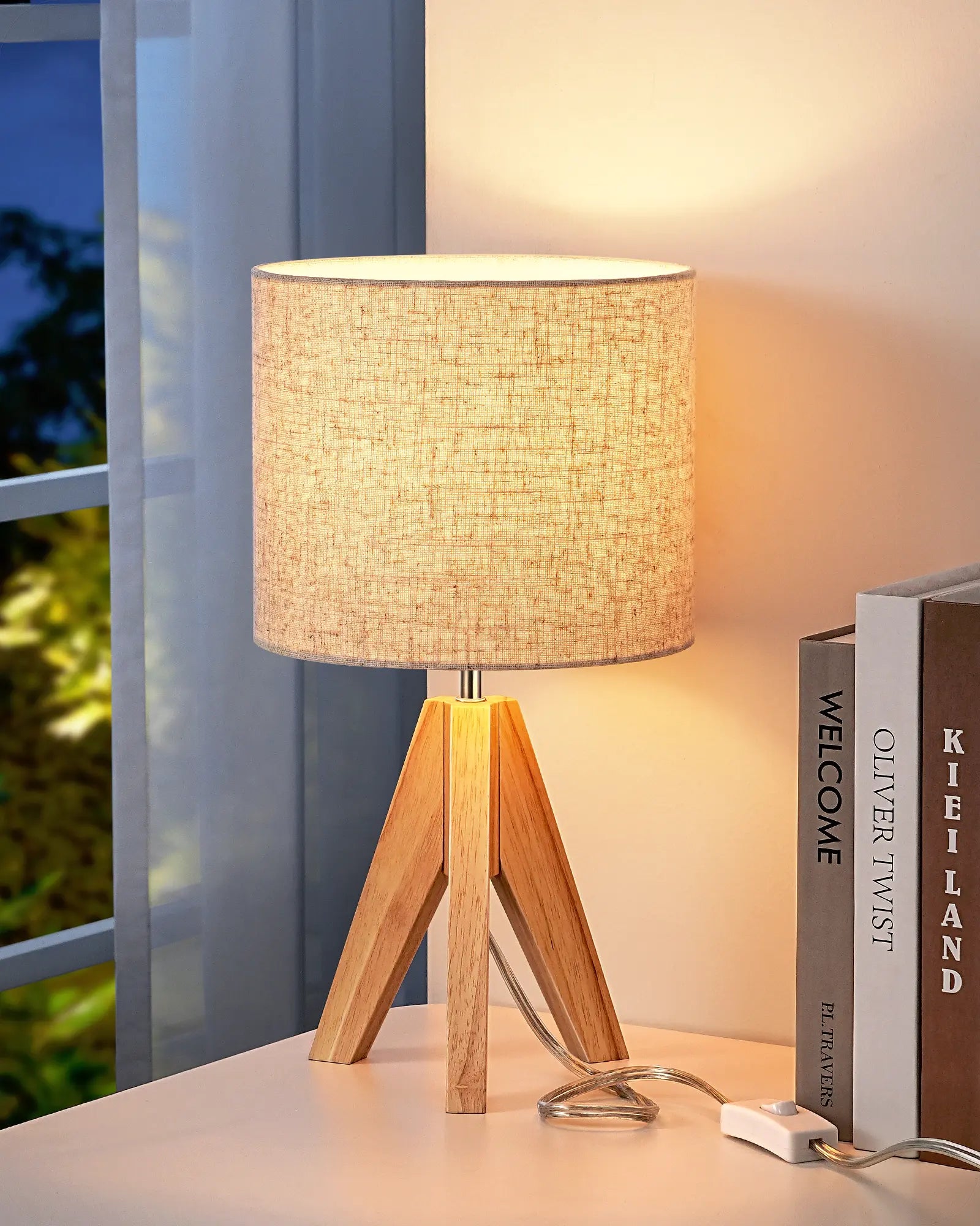 EDISHINE | Modern Wooden Tripod Table Lamp with Linen Shade