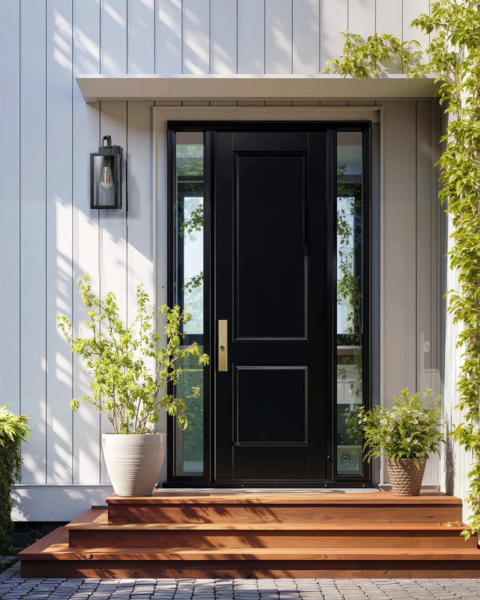 Modern black front door of a house with wooden steps and potted plants and Dusk to Dawn Outdoor Wall Lantern