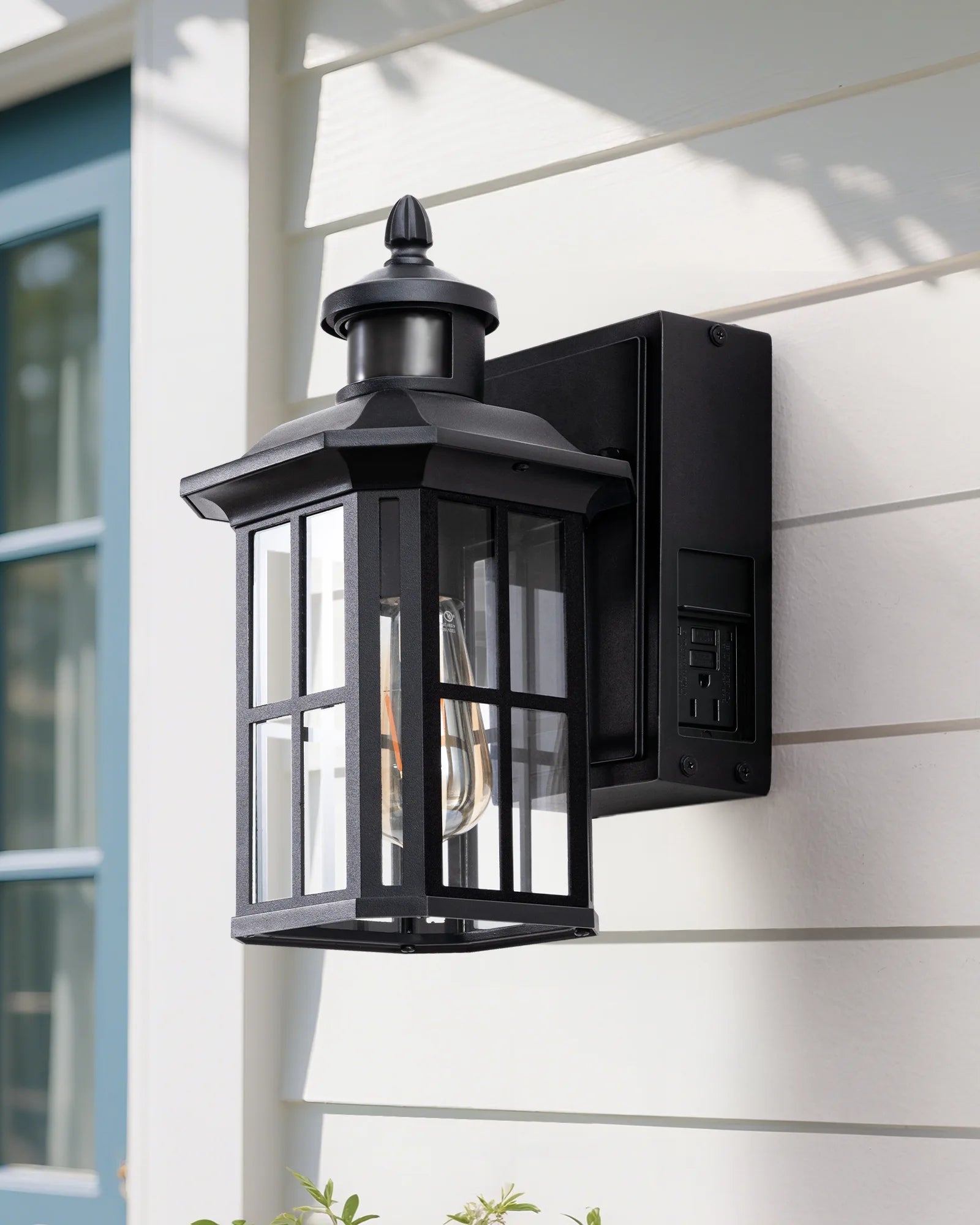 Dusk to Dawn Outdoor Wall Lights with Motion Sensor & GFCI Outlet on a white house exterior