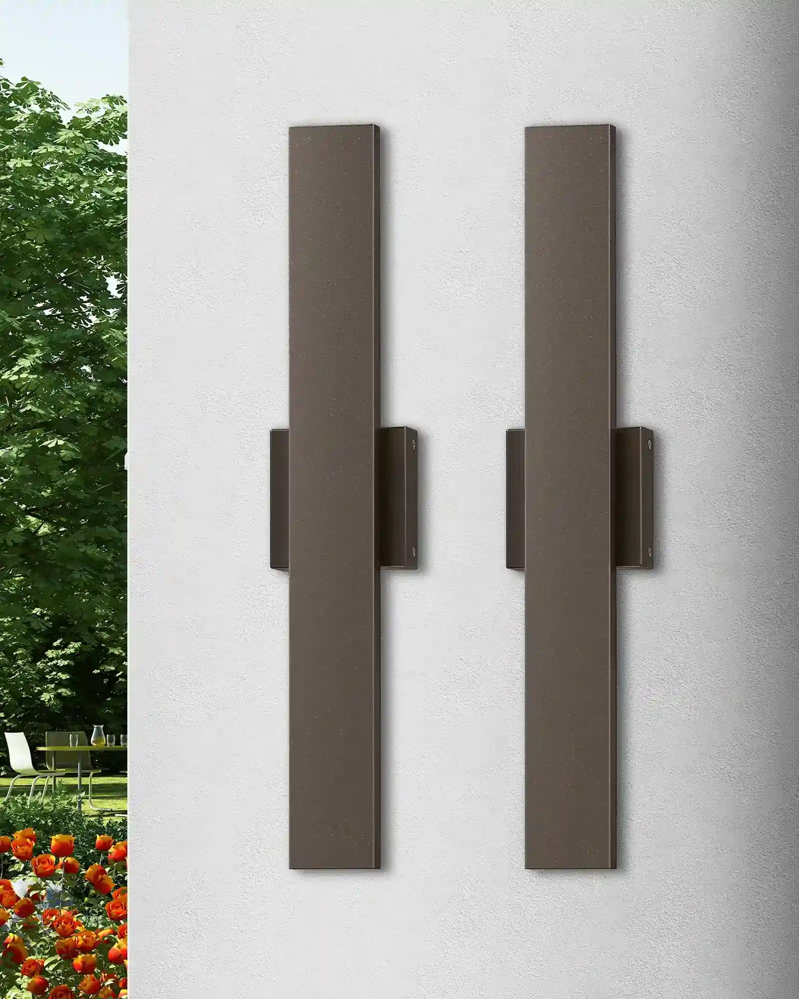 Two modern EDISHINE 2 Pack Dimmable LED Outdoor Wall Lights on a white wall with outdoor view.