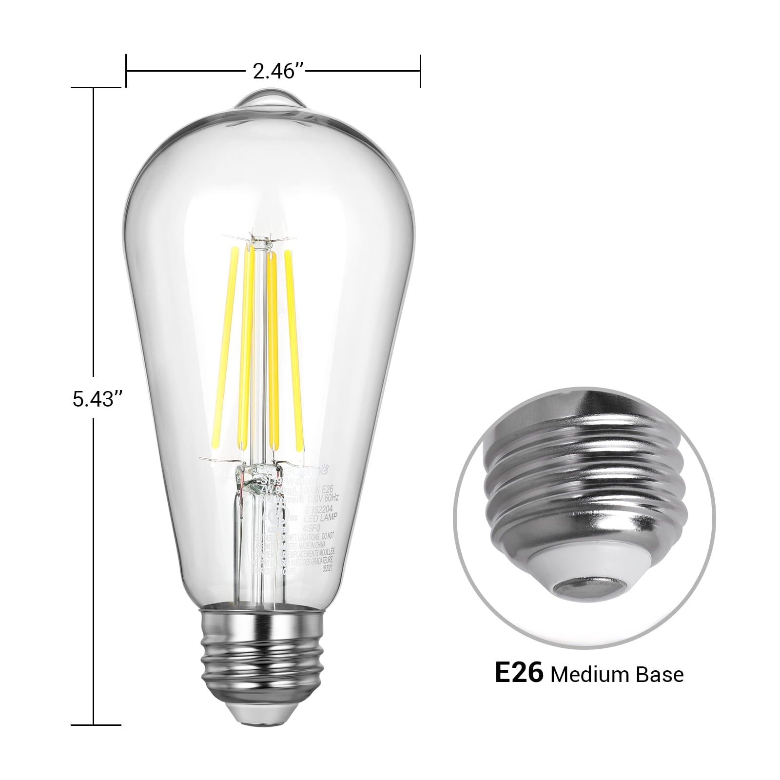 EDISHINE 4 Pack LED Vintage Light Bulb, 4000K, ST19 60W Daylight Classic Filament, E26 Base, Non-Dimmable