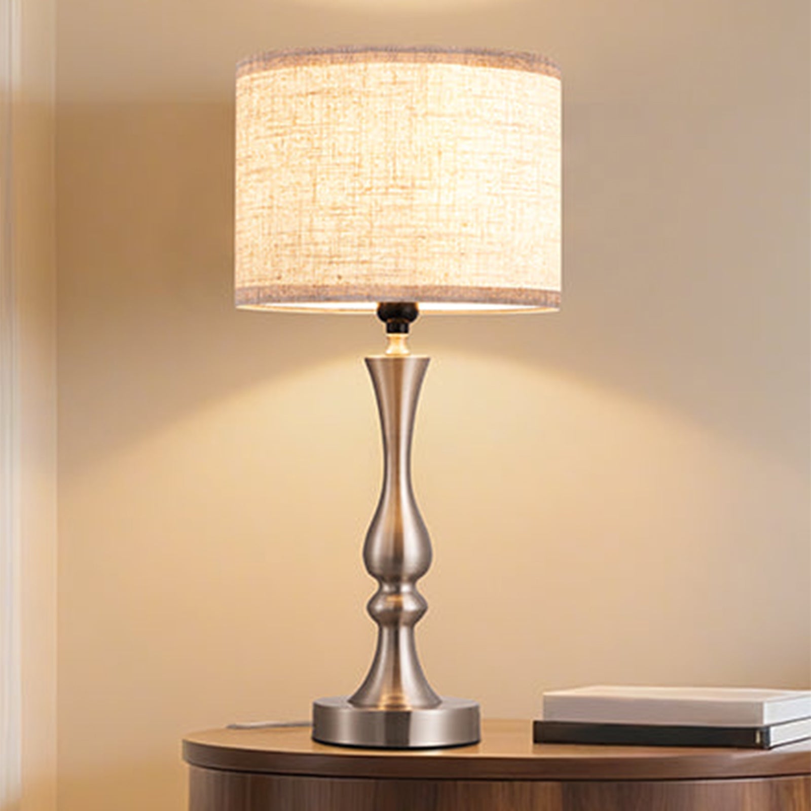 Modern Silver Touch-Control Table Lamp with Dual USB Ports & Linen Shade