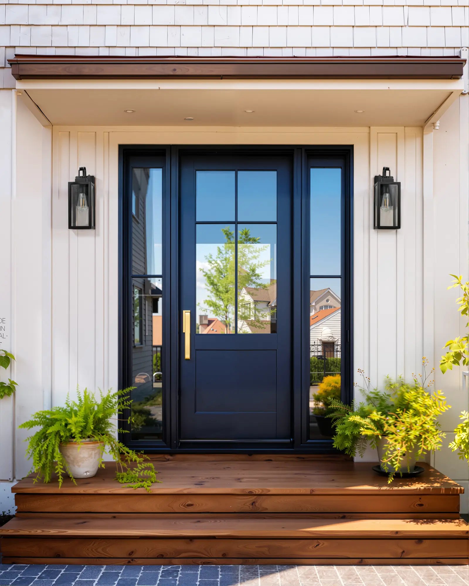 Navy blue front door with Dusk to Dawn Outdoor Wall Lantern, glass panels on a white house exterior.