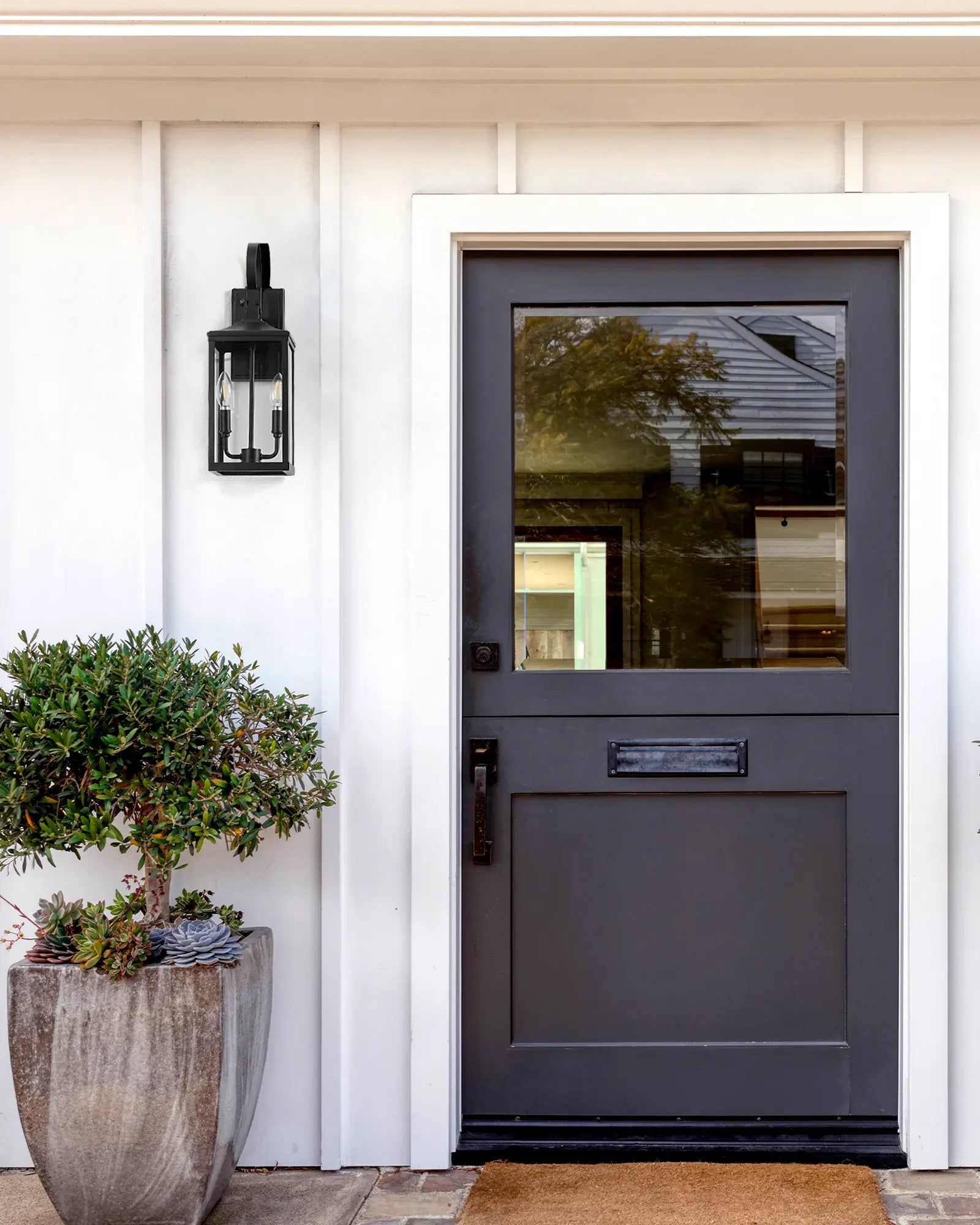 Gray front door of a house with a light fixture and potted plant on a white wall.
