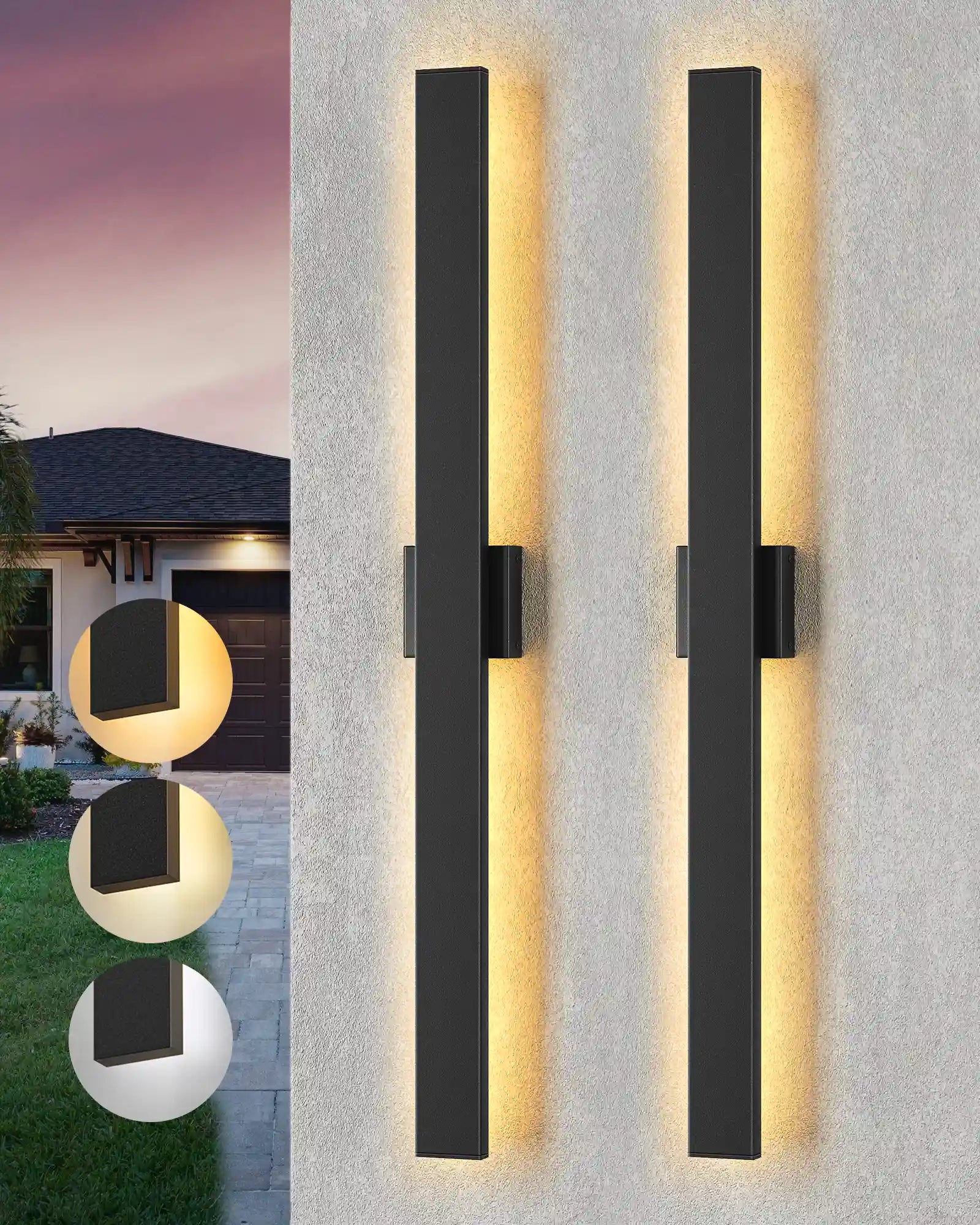 Two modern EDISHINE 2 Pack 39.3" Modern Outdoor Wall Lights Dimmable on a textured wall with a house exterior in the background.