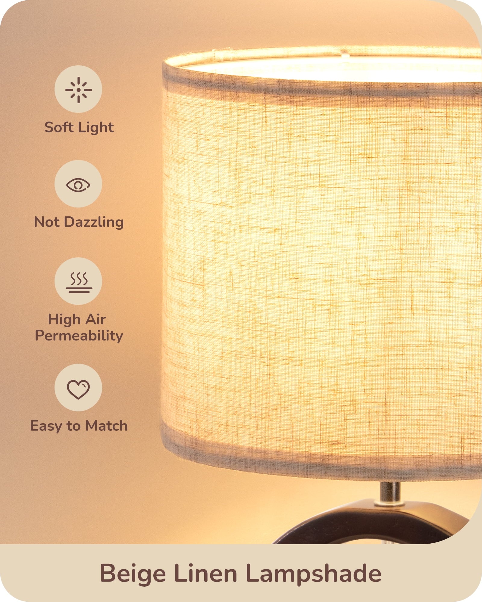 EDISHINE 13.4" Wood Table Lamp, Small Bedside Lamp with Beige Linen Lampshade & ON-Off Switch, E26 Base, Modern Nightstand Lamp for Living Room, Bedroom, Dark Walnut