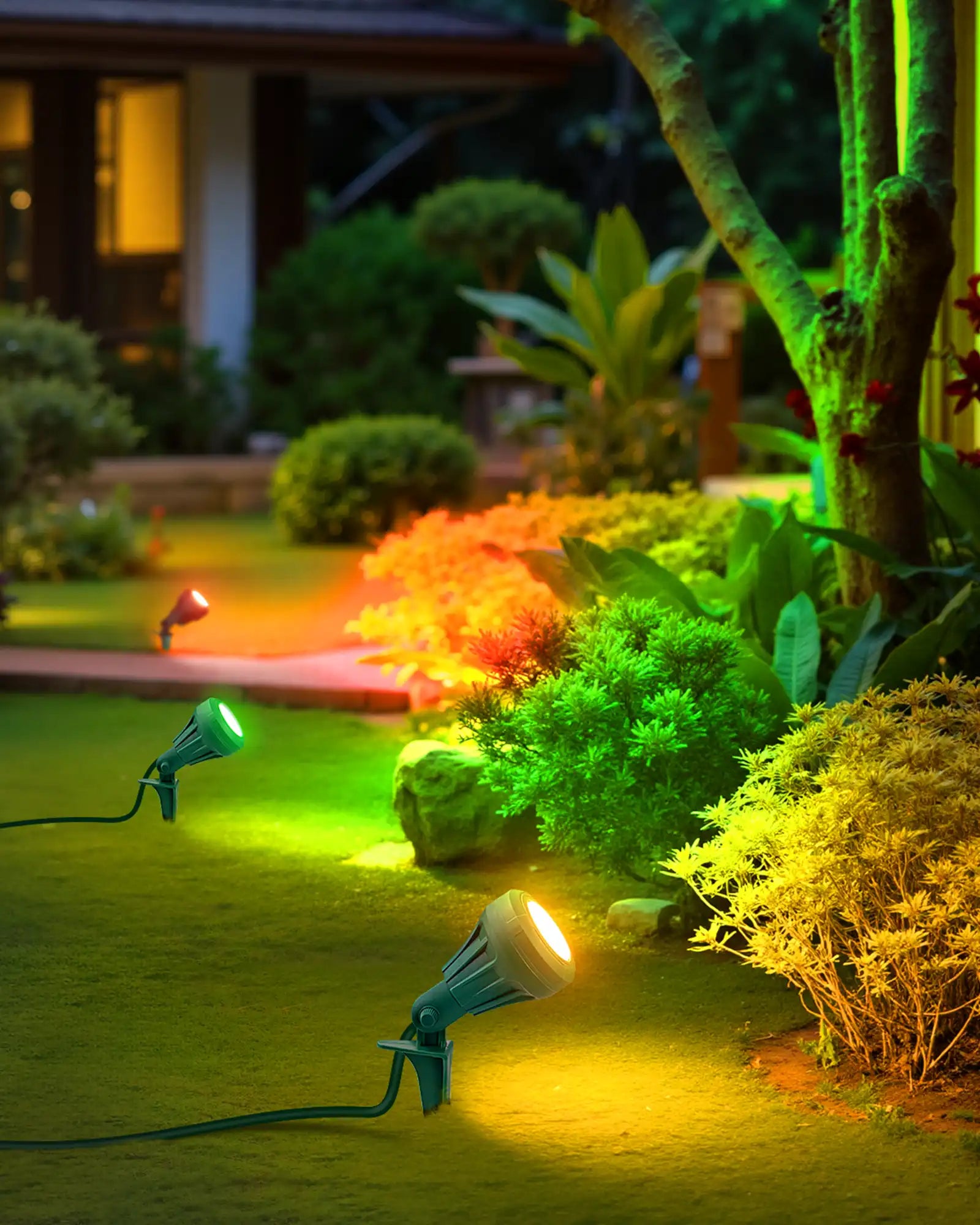 120V Spotlight Outdoor with 5ft Extension Cord, 400 Lumens Waterproof LED Spot Light with 3 Lenses (Red Yellow Green) for Holiday, Trees, Garden Decor-HGSL01A1 -HGSL01E1-HGSL01F1