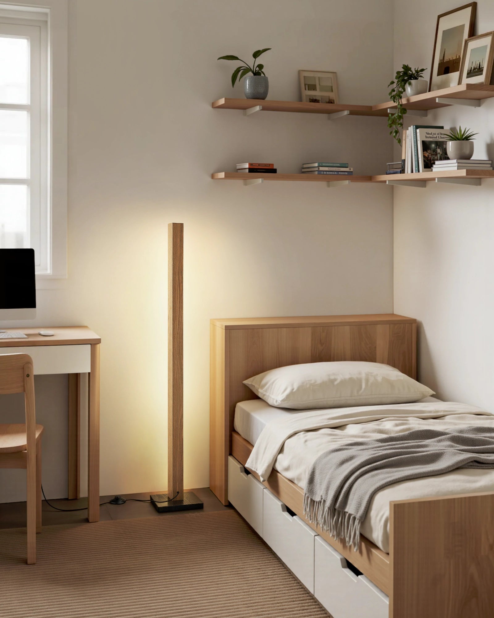 Minimalist Wooden LED Corner Floor Lamp with Remote & Stepless Dimming