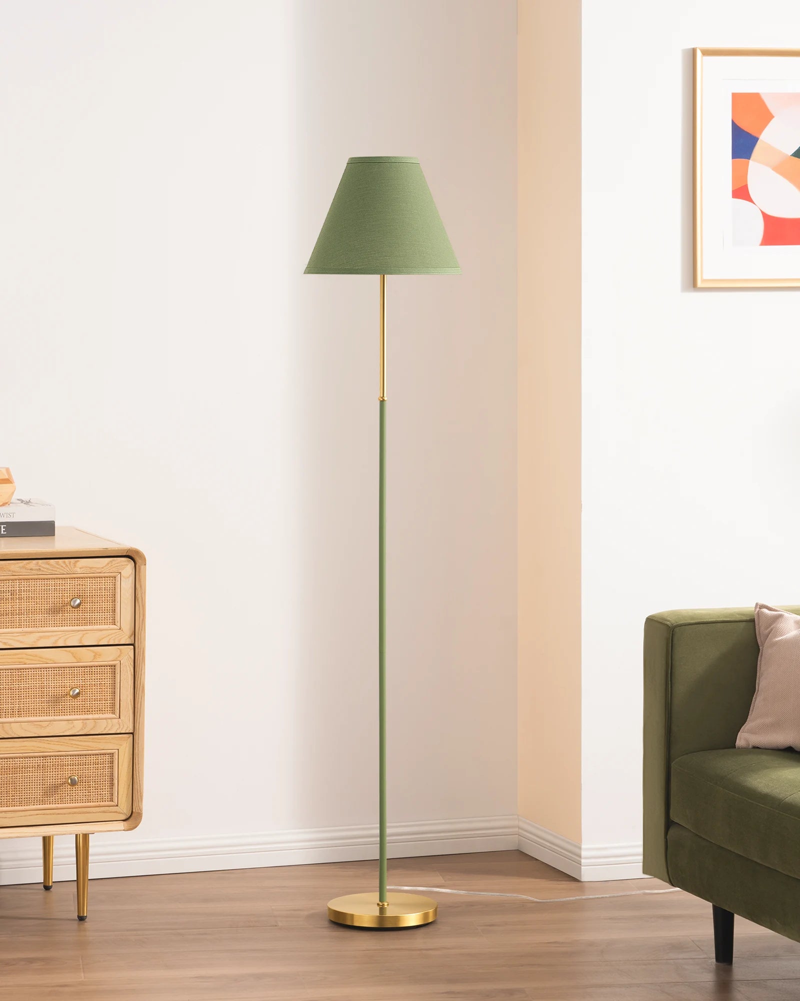 EDISHINE Retro Floor Lamp for Living Room, Tall LED Standing 9 Lamp with Linen Lampshade, E27 Base, Foot Switch, 270OK Bulb Included, Gray Green - HLFL33A