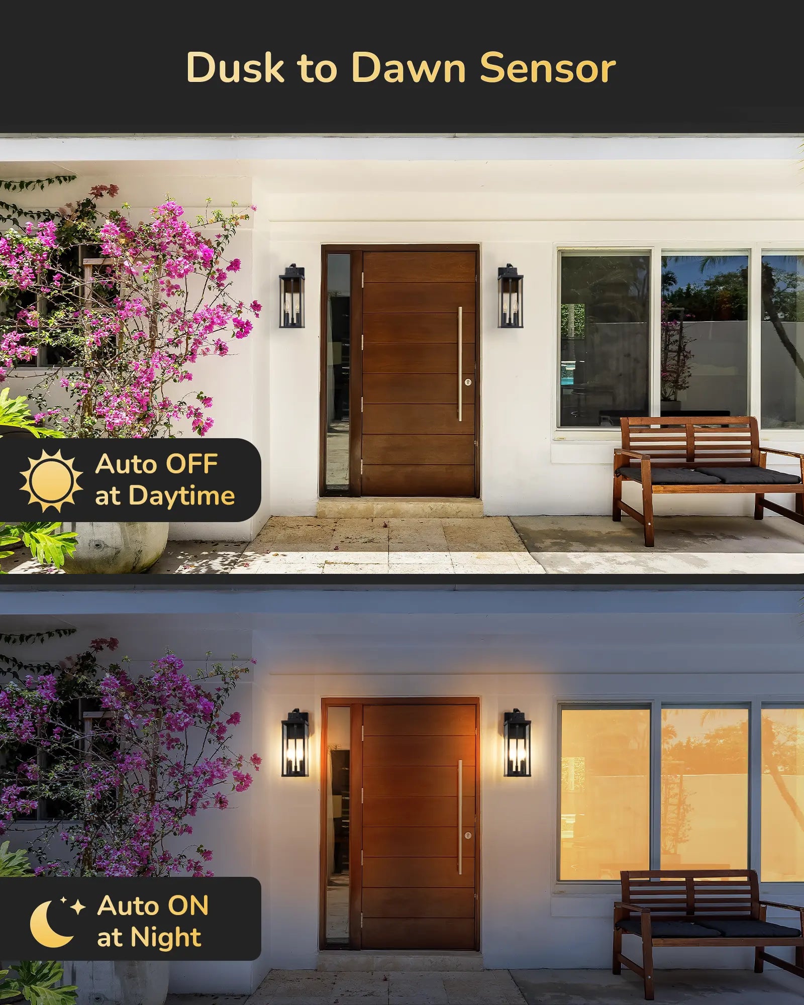 Home exterior with dusk to dawn sensor lights on, showing auto-off during daytime and auto-on at night.