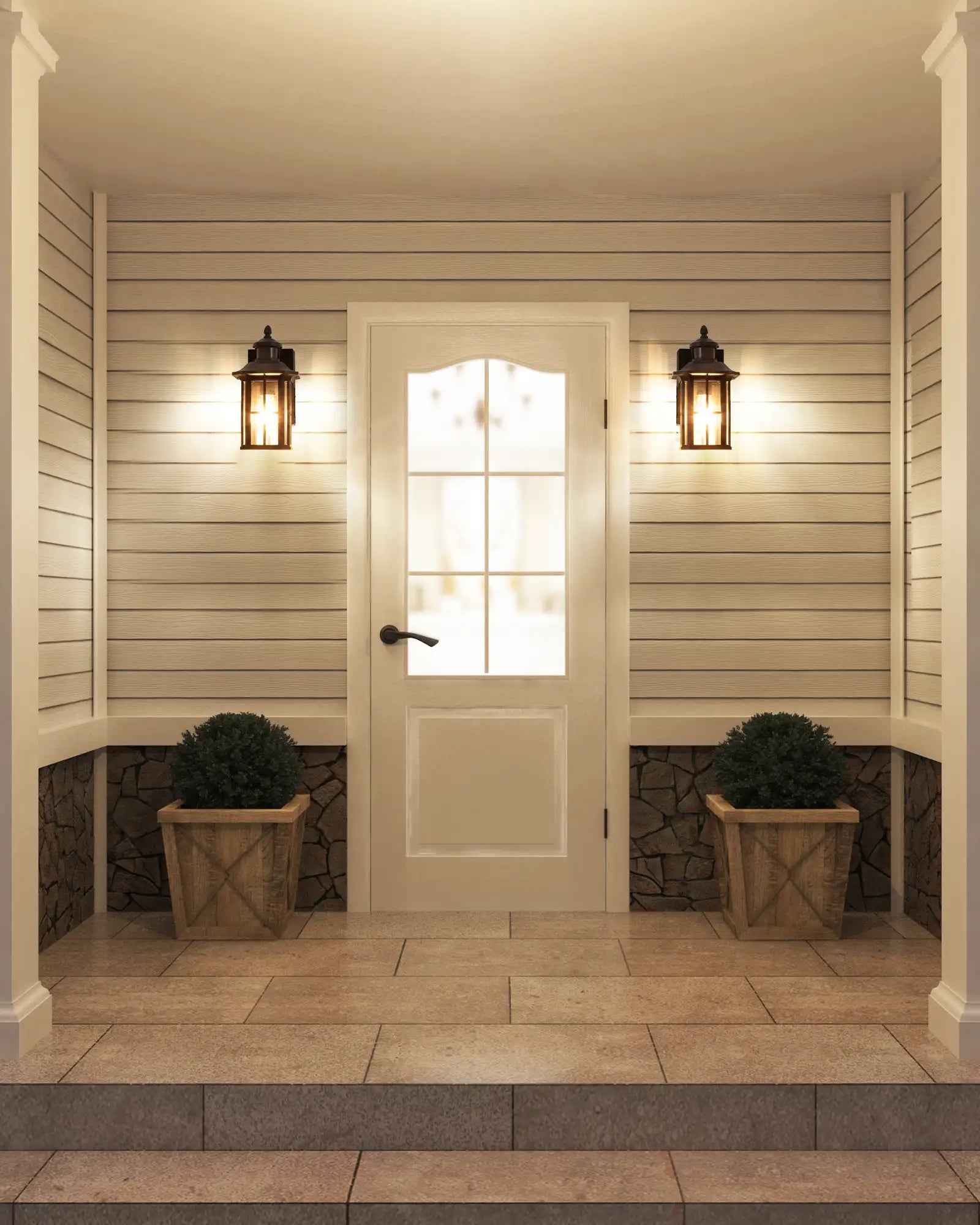 Front door of a house with decorative lights and planters on either side.