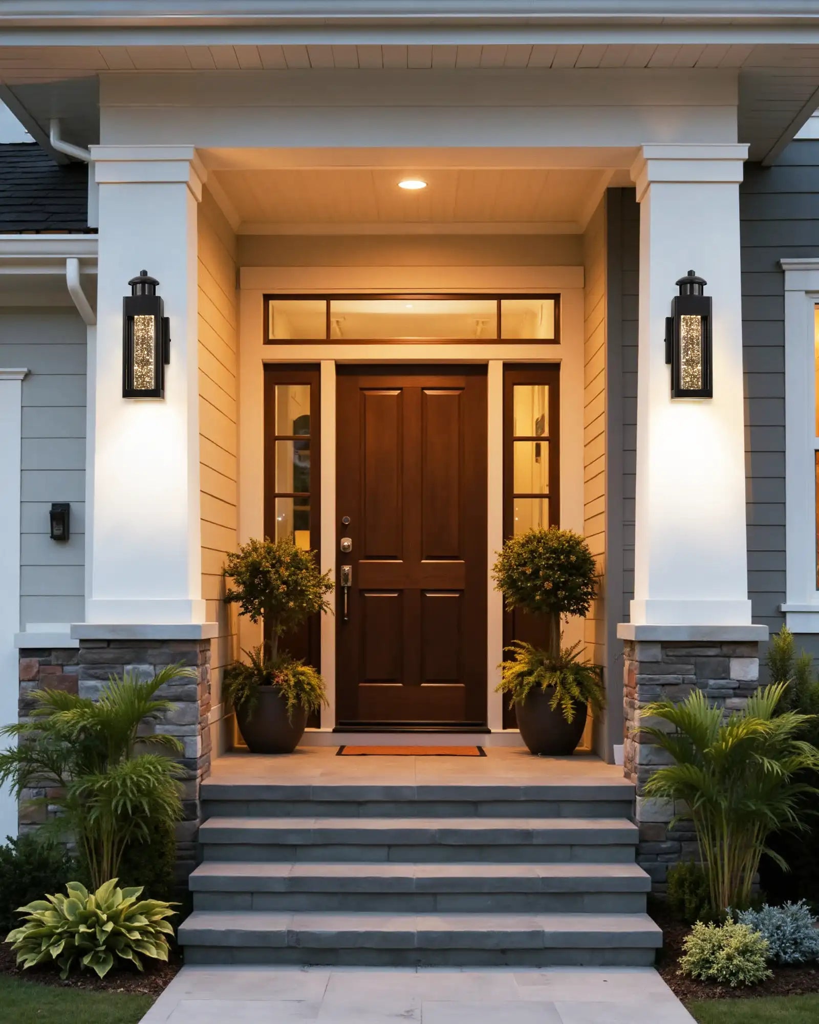 Front entrance of a house with a wooden door, steps, and decorative plants.