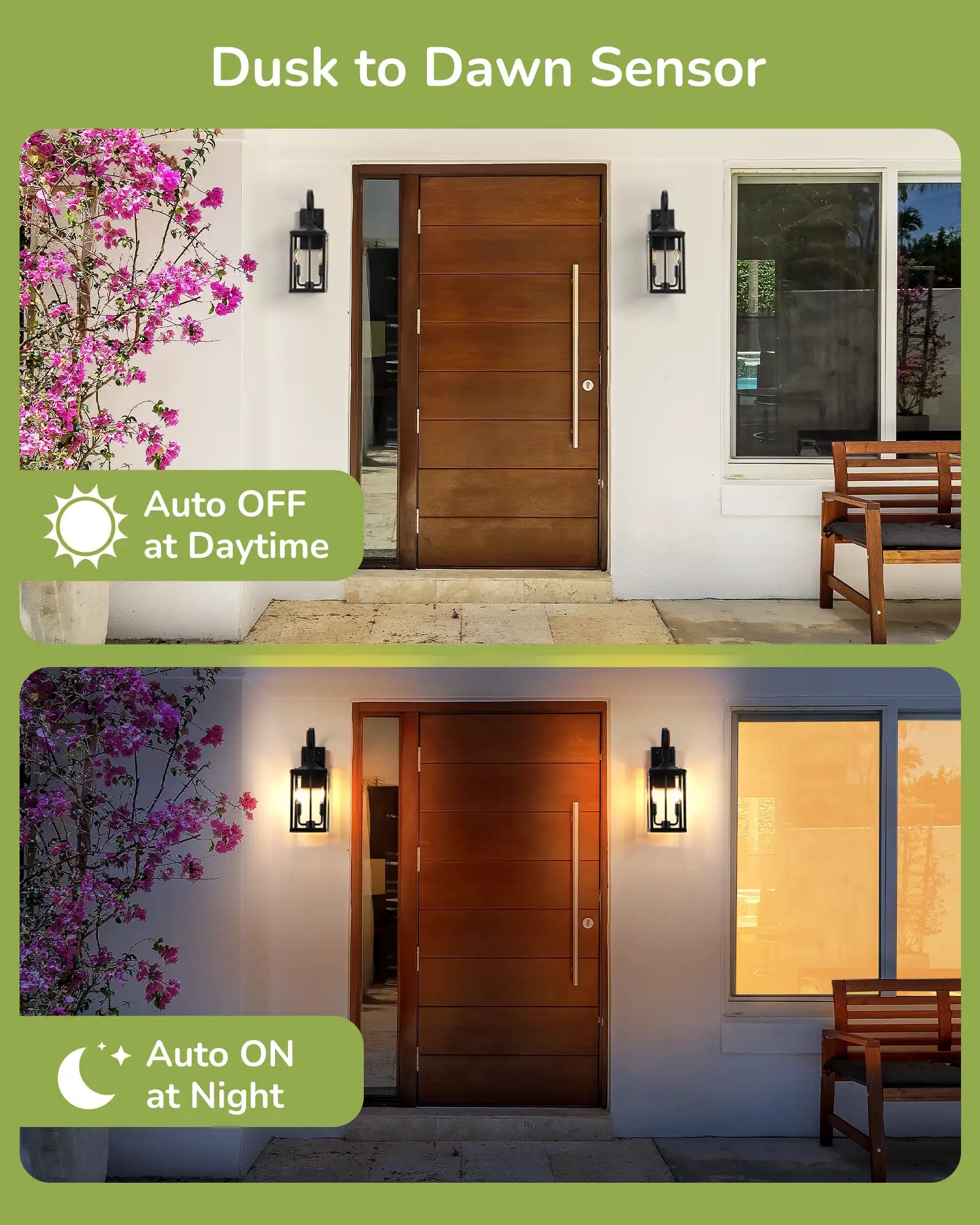 Outdoor scene with a wooden door and wall lights, featuring dusk to dawn sensor functionality.