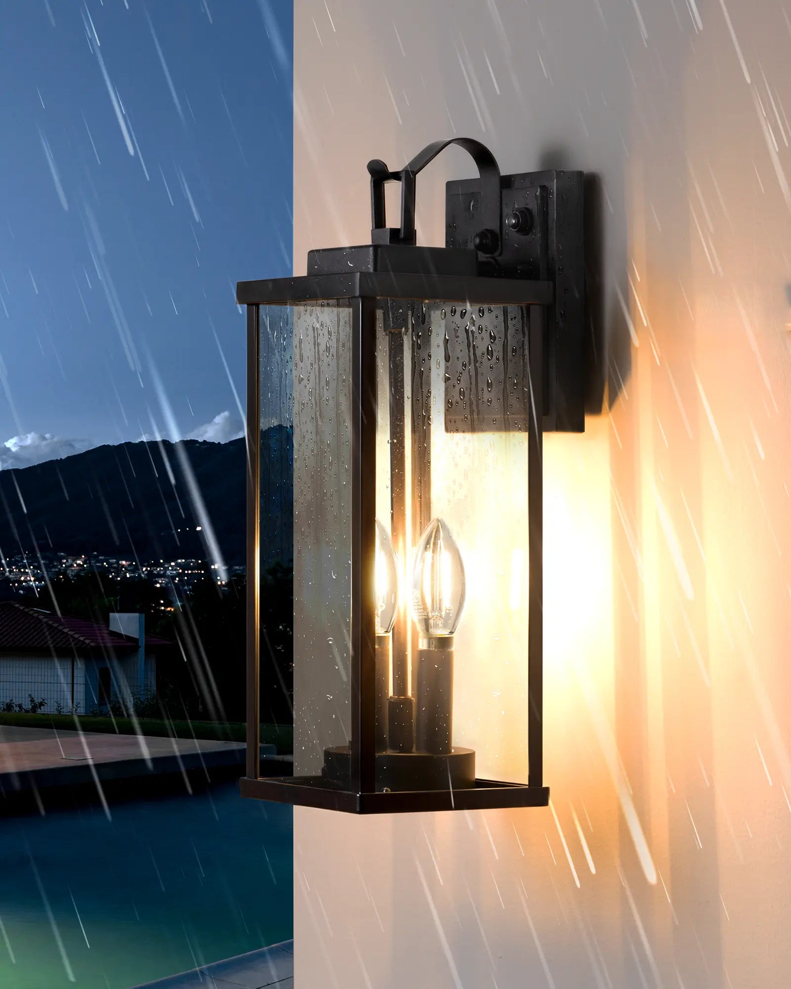 Outdoor wall light fixture with raindrops on glass, night and day view split.