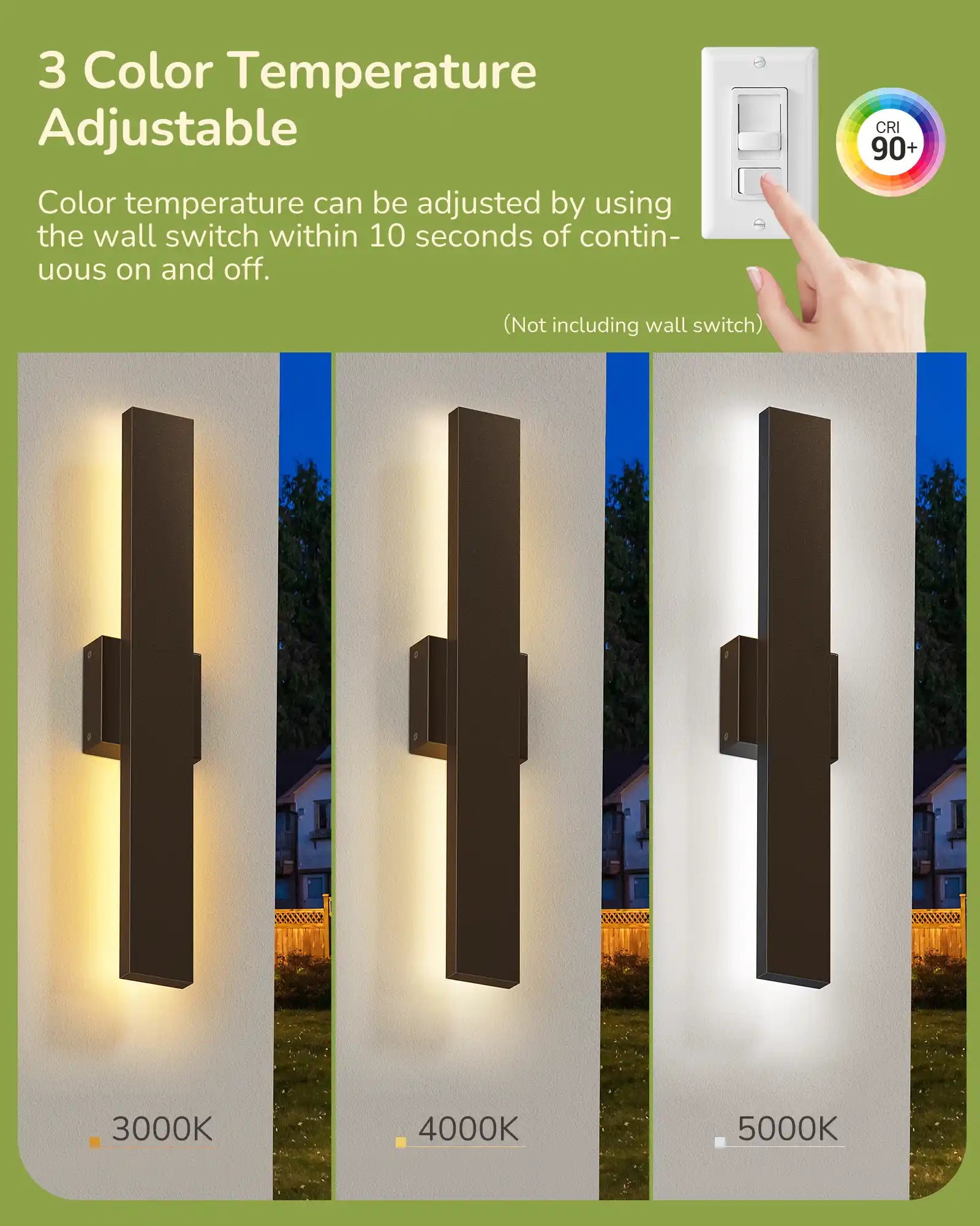 Outdoor wall light fixture with adjustable color temperature on a green background