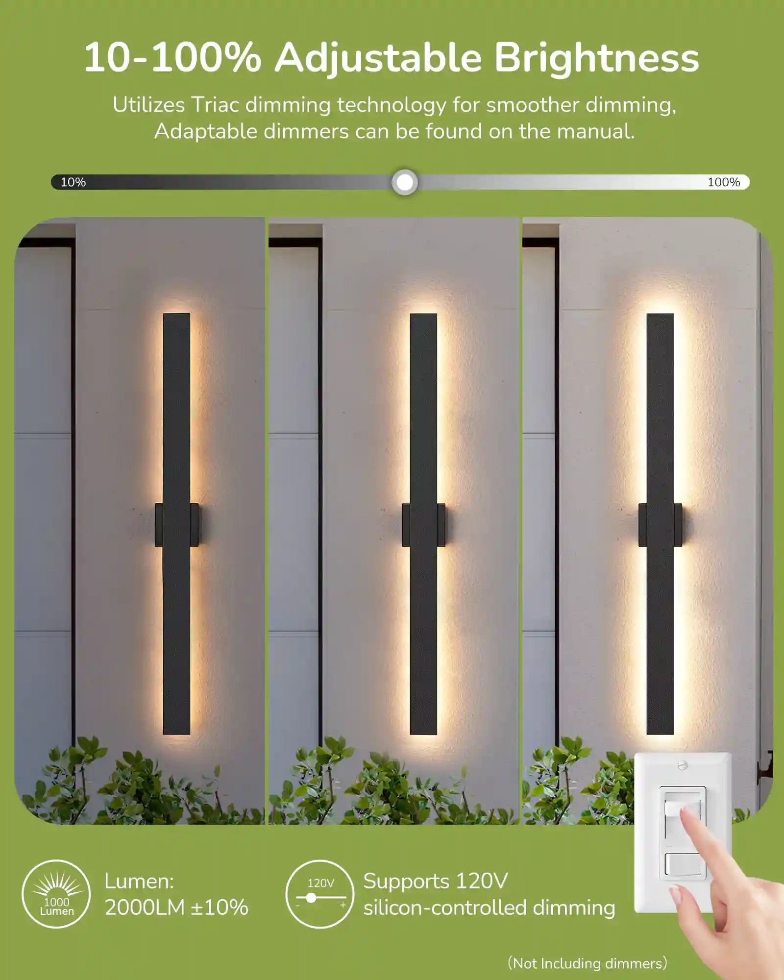 EDISHINE 2 Pack 39.3" Modern Outdoor Wall Lights Dimmable with adjustable brightness control on a green background