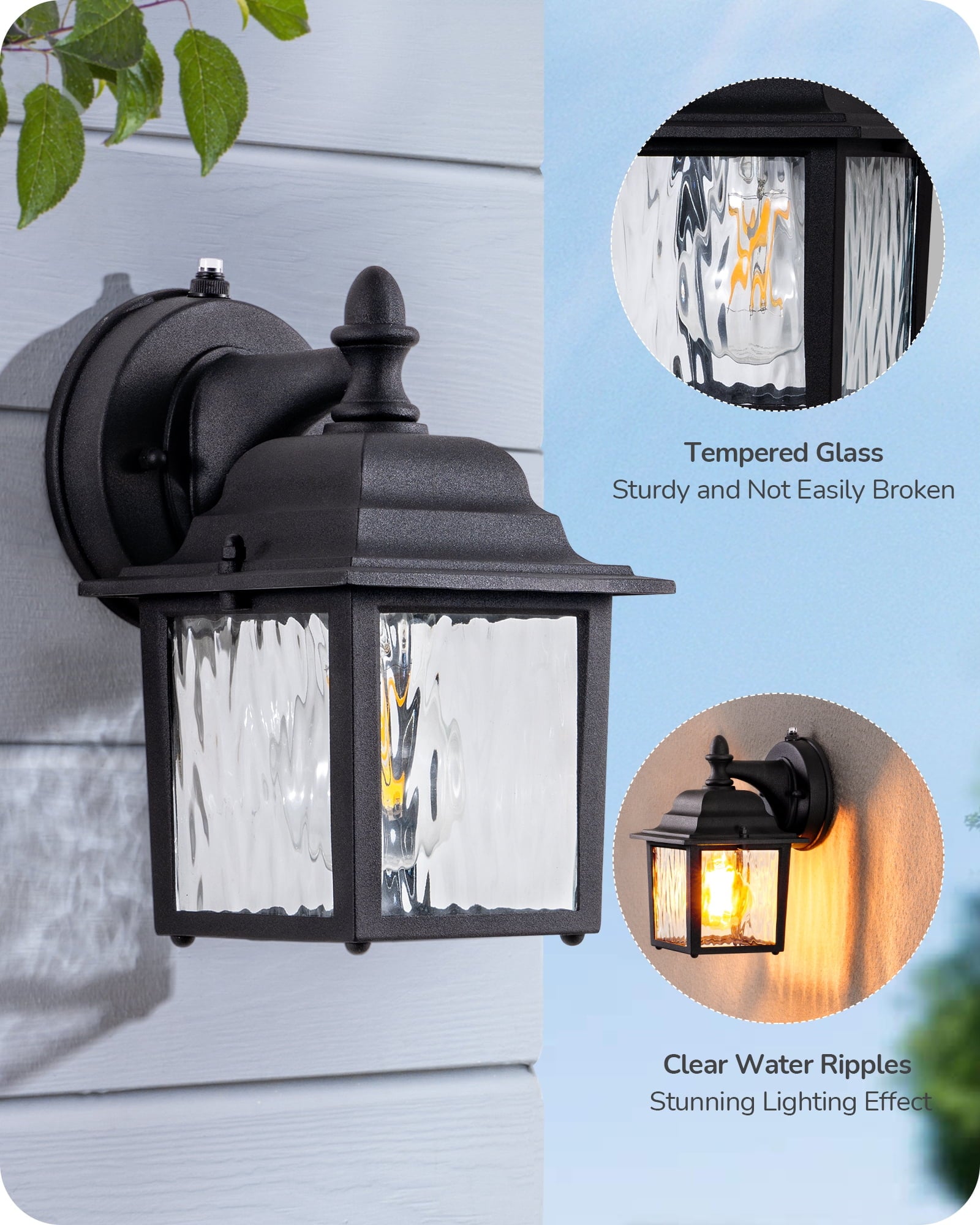 EDISHINE 2 Pack Outdoor Porch Light, Dusk to Dawn Exterior Lighting Fixtures, Modern Outdoor Wall Lights Fixture, Clear Water Ripple Glass, Anti-Rust Waterproof for Front Door Garage Patio, Black