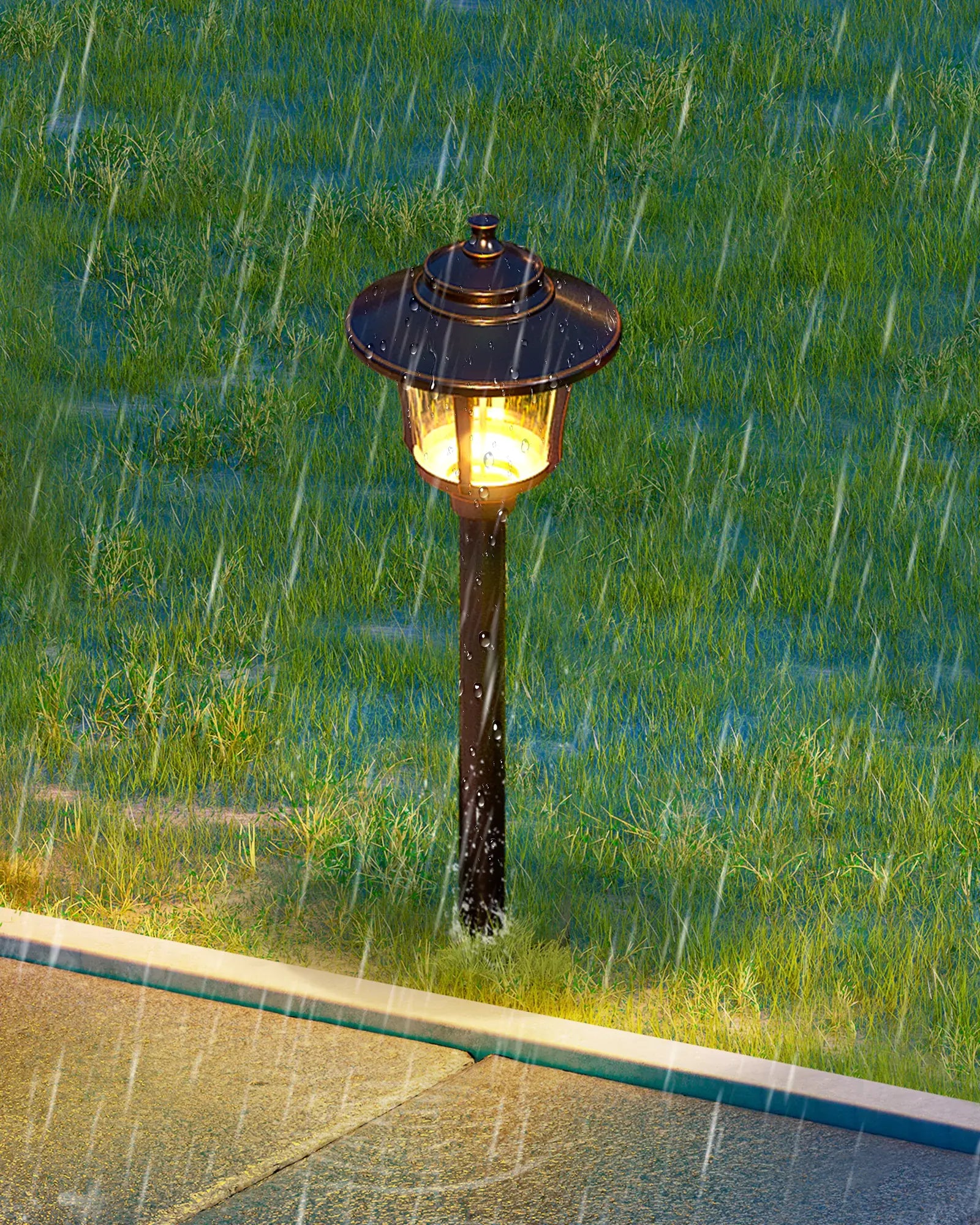 Solar lamp post with glowing light in a grassy area during rain.