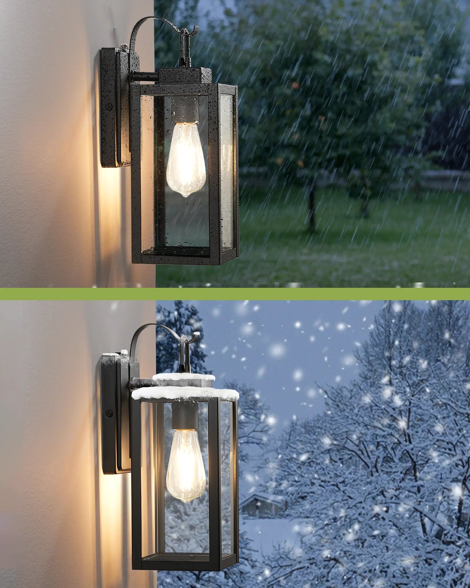 Outdoor wall light fixture in two different weather conditions: rain and snow.