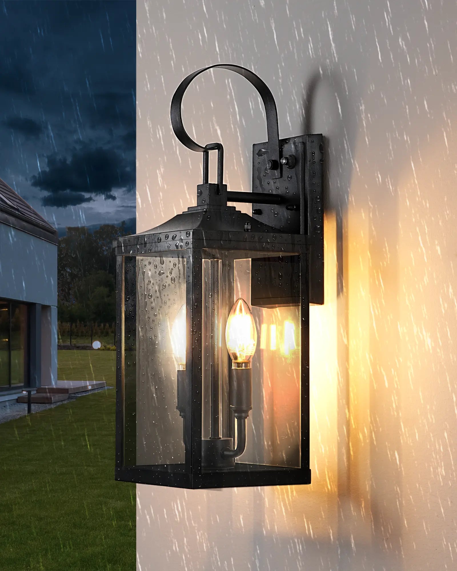 EDISHINE 19'' Dusk To Dawn Outdoor Wall Lantern on a house exterior during rain.