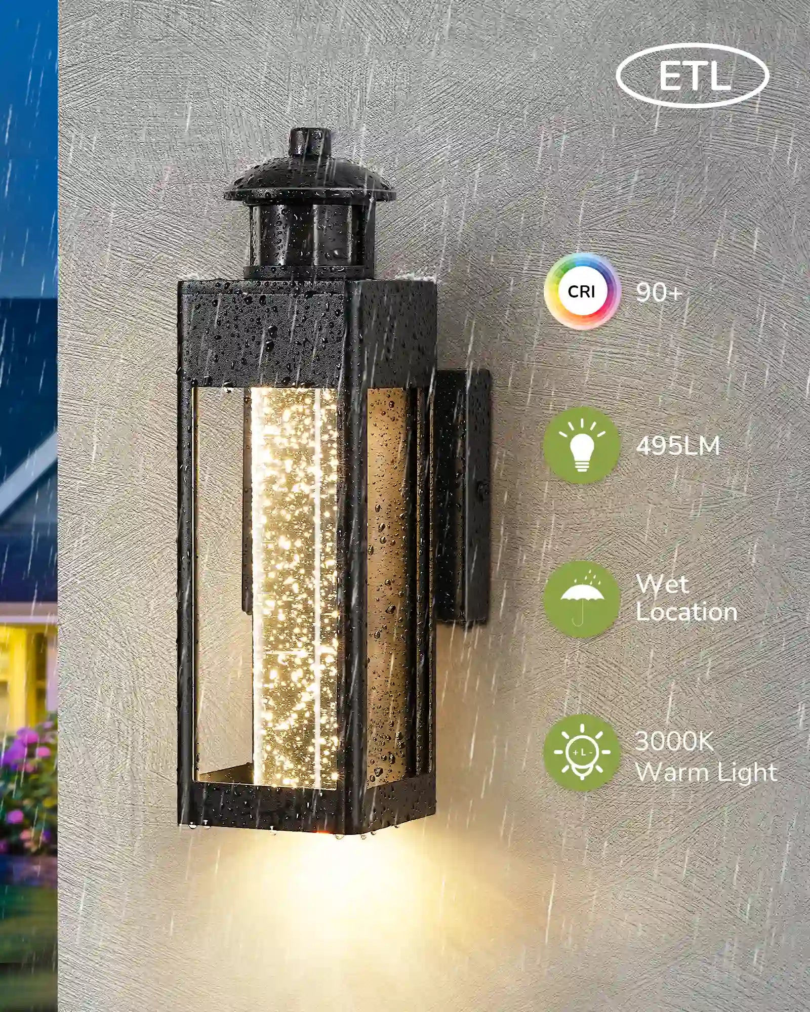 Outdoor wall light fixture on a gray wall with ETL certification and lighting specifications.