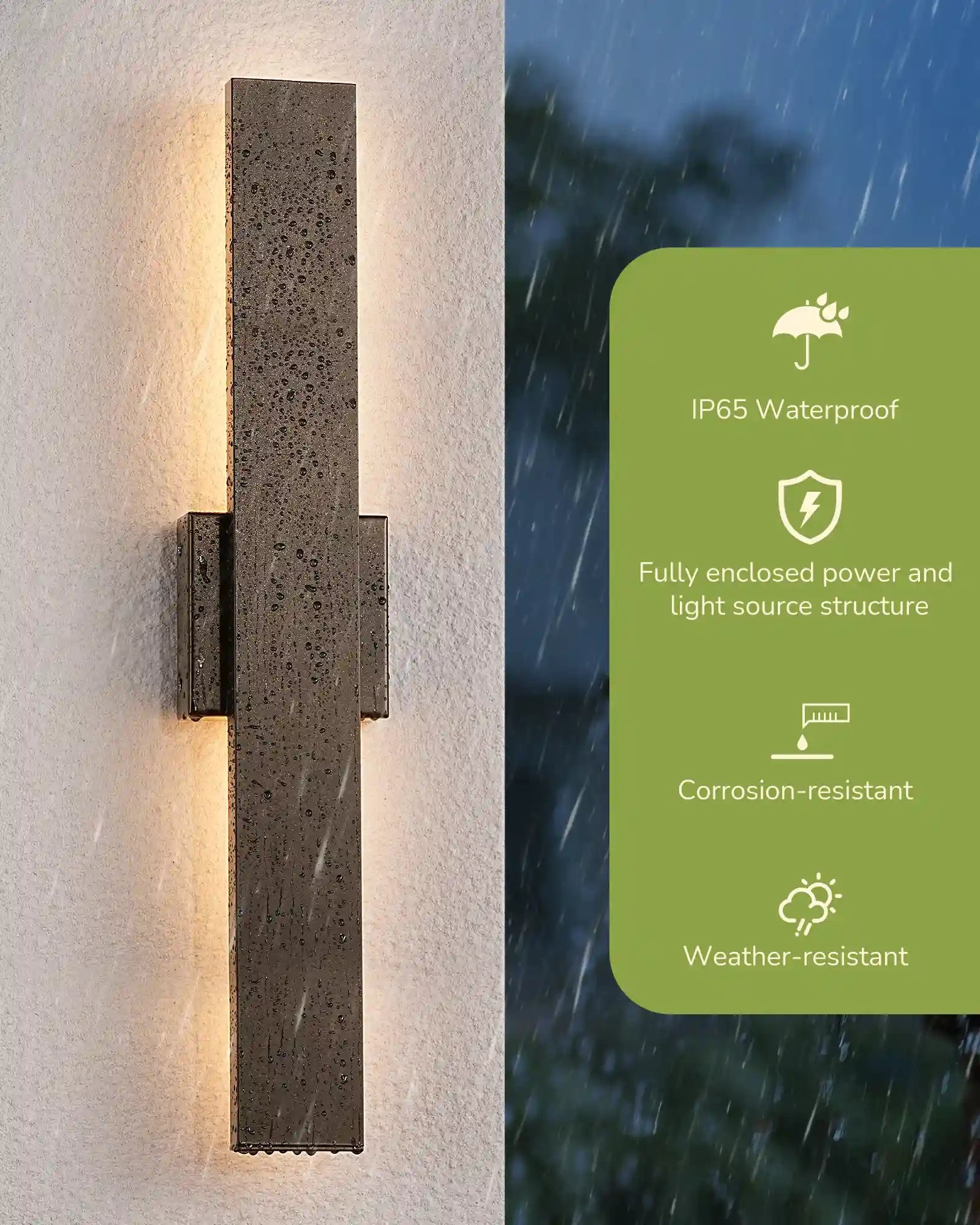 EDISHINE 2 Pack Dimmable LED Outdoor Wall Lights on a textured wall with weather resistance features displayed.