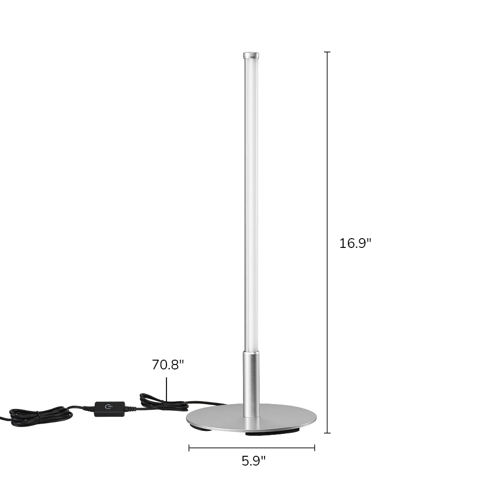 Measurement chart of a Silver LED desk lamp with dimensions labeled on a white background