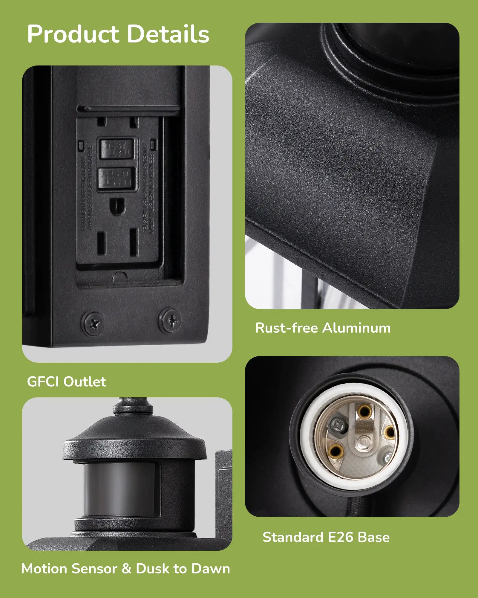 Product details of a light fixture with GFCI outlet, motion sensor, and dusk to dawn feature on a green background.