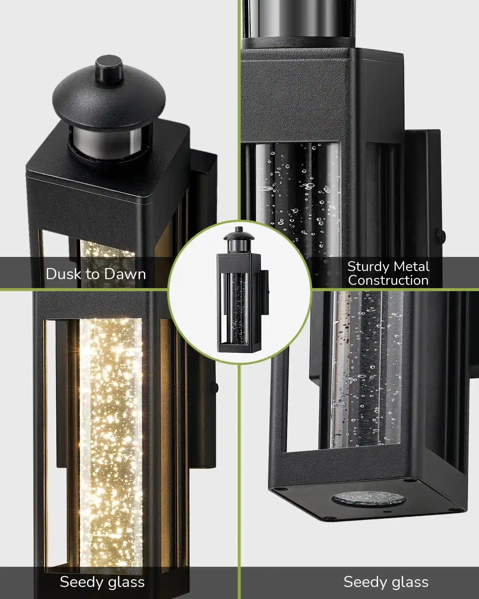 Black outdoor wall light fixture with seedy glass and sturdy metal construction.