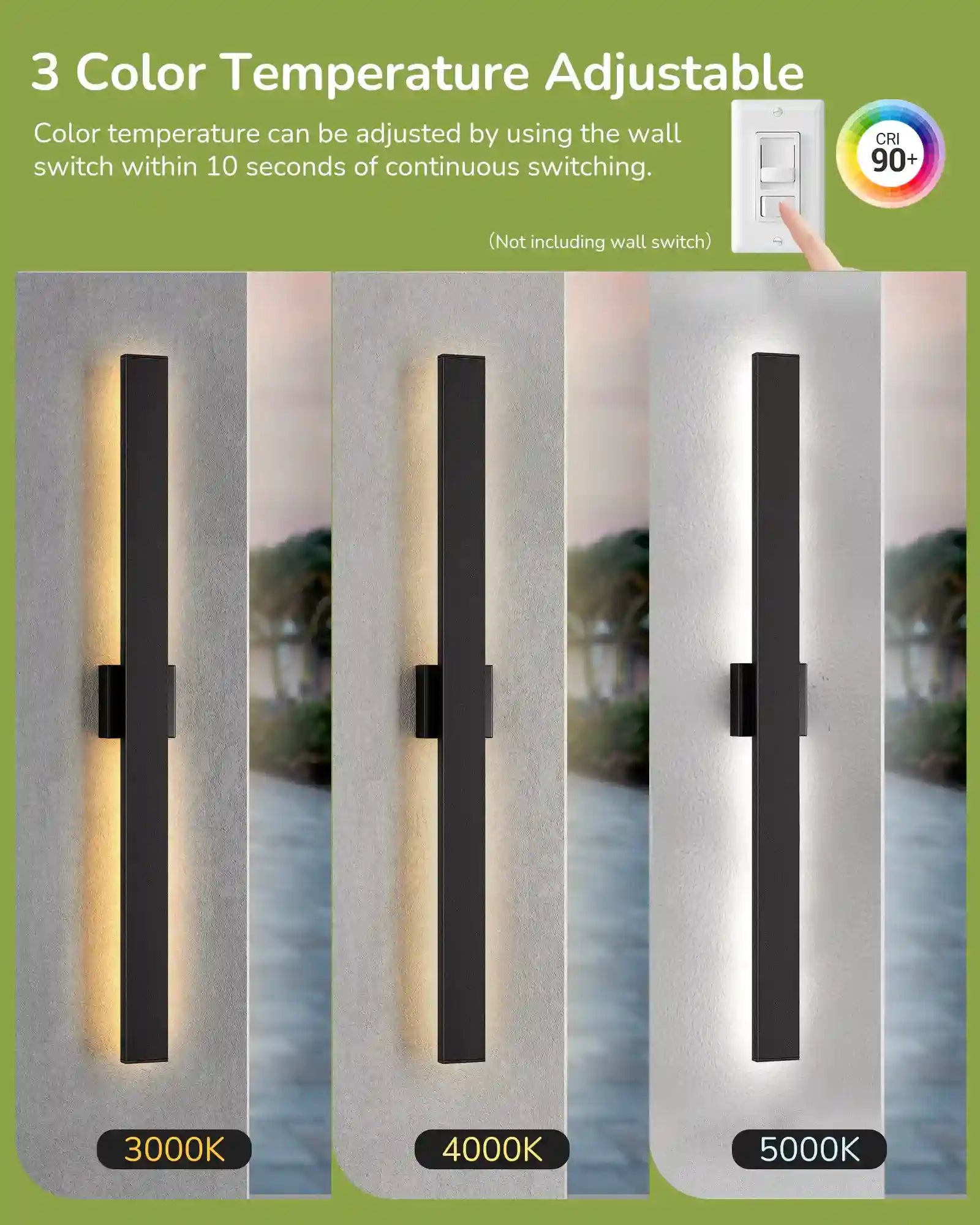 EDISHINE 2 Pack 39.3" Modern Outdoor Wall Lights Dimmable with color temperature labels on a green background.