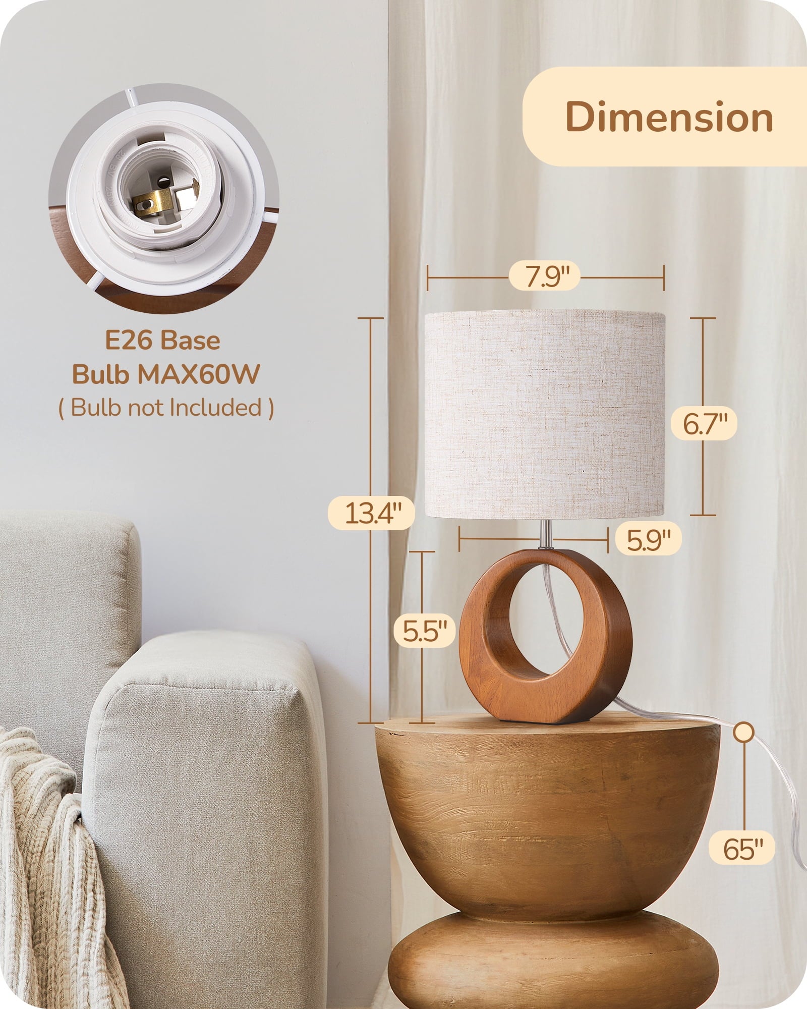 EDISHINE Small Table Lamp, Wood Nightstand Lamp with Beige Linen Lampshade & ON-Off Switch, E26 Base, Boho Bedside Lamp for Living Room, Bedroom, Dark Pearwood