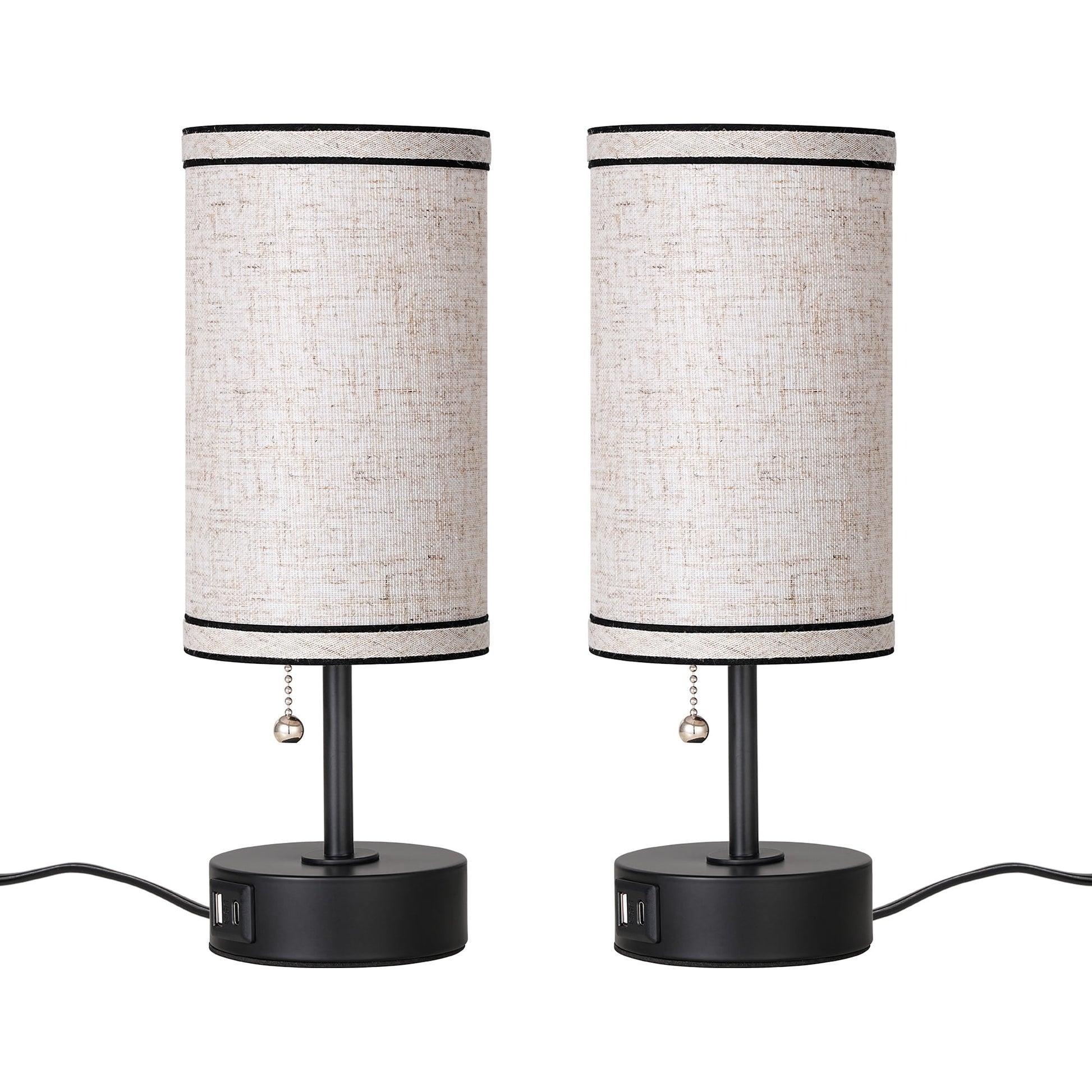 EDISHINE 2 Pack Table Lamps with USB A+C Charging Ports, Small Beside Lamps with Pull Chain Switch, for Bedroom Living Room, E26 Base, Bulbs Not Included