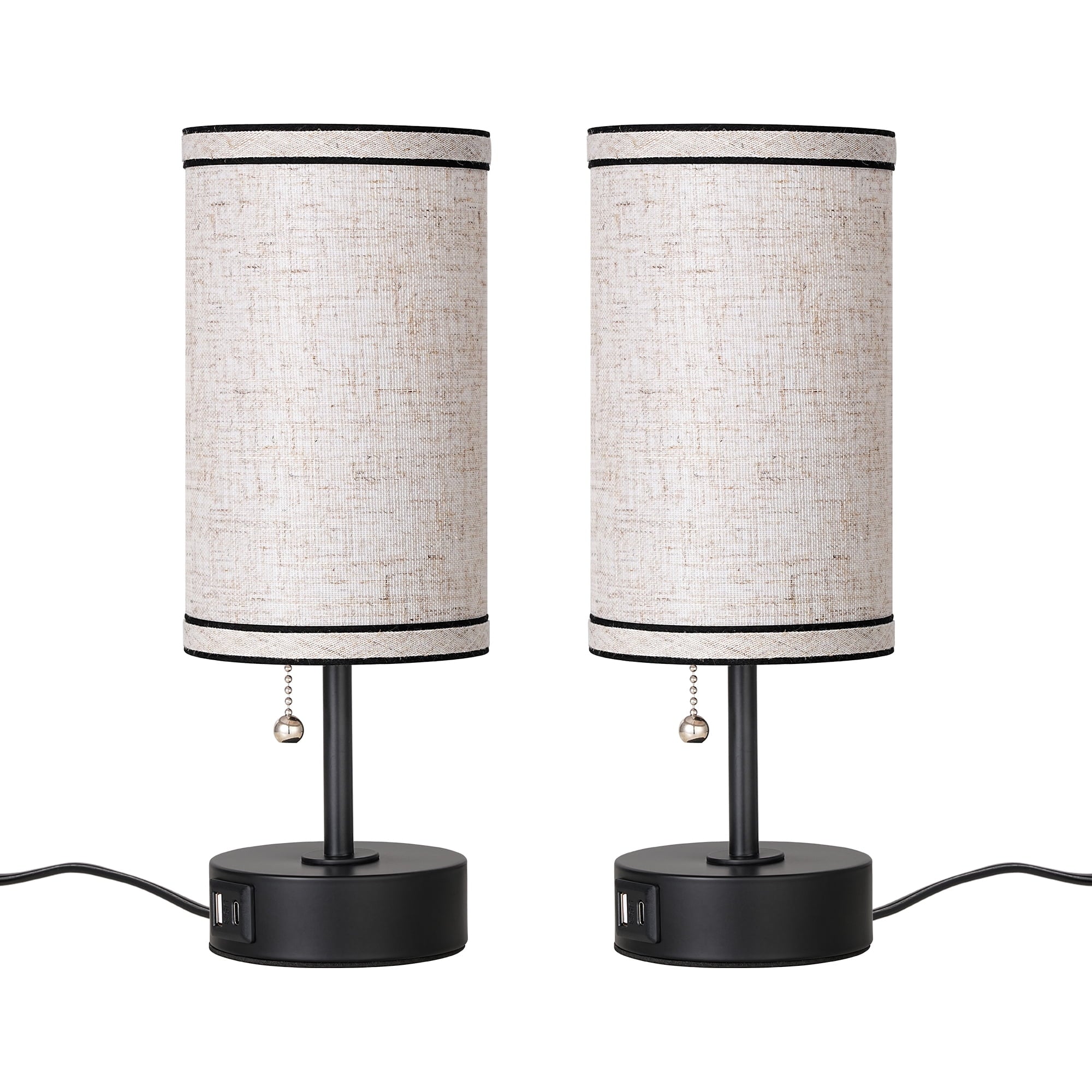 EDISHINE 2 Pack Table Lamps with USB A+C Charging Ports, Small Beside Lamps with Pull Chain Switch, for Bedroom Living Room, E26 Base, Bulbs Not Included
