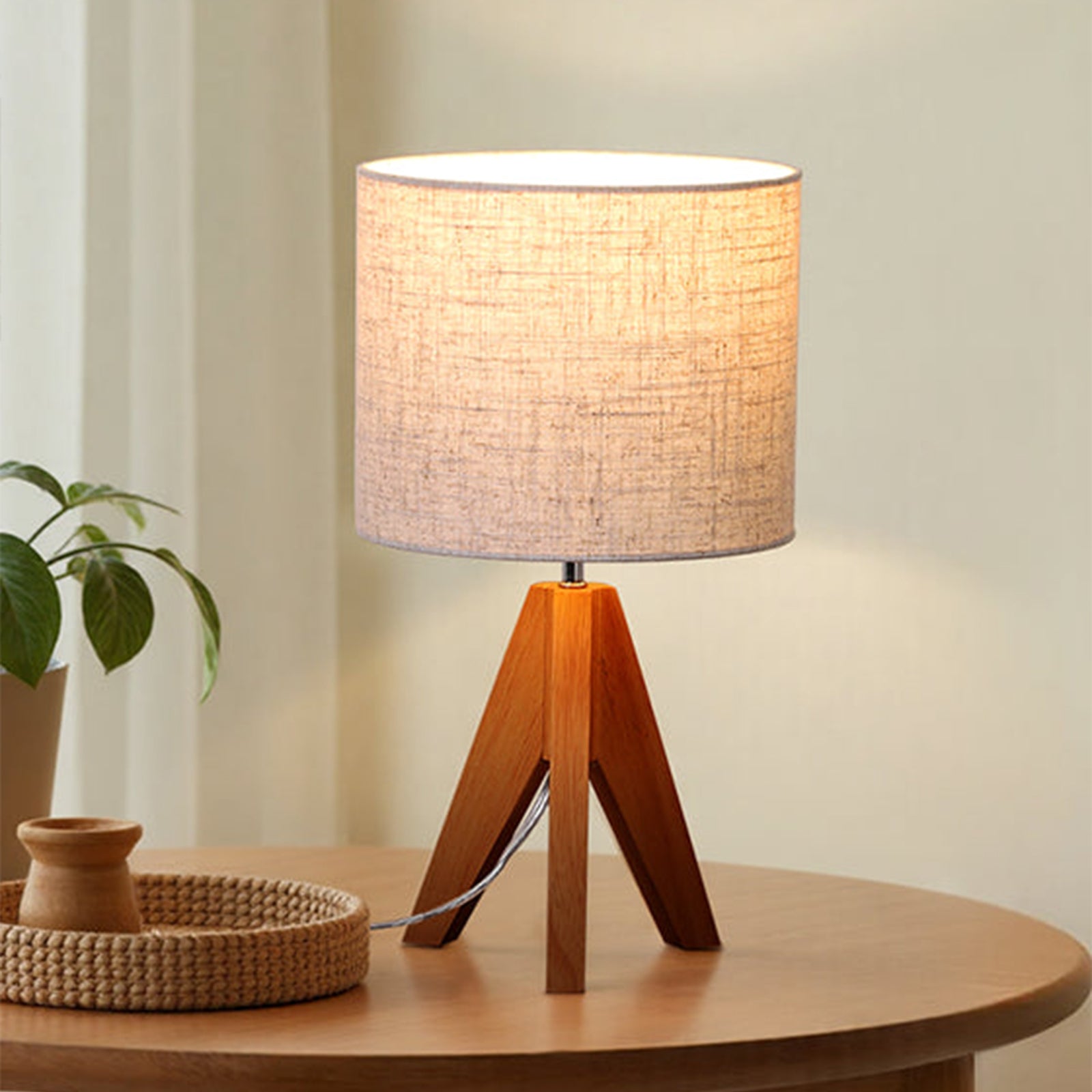 Modern Wooden Tripod Table Lamp with Linen Shade