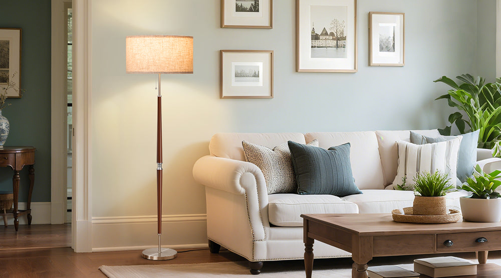 Living room with a beige sofa, wooden coffee table, and floor lamp.