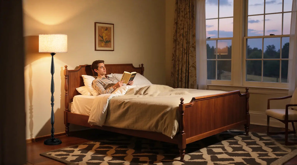 Person lying on a bed in a bedroom with a large window and lamp.