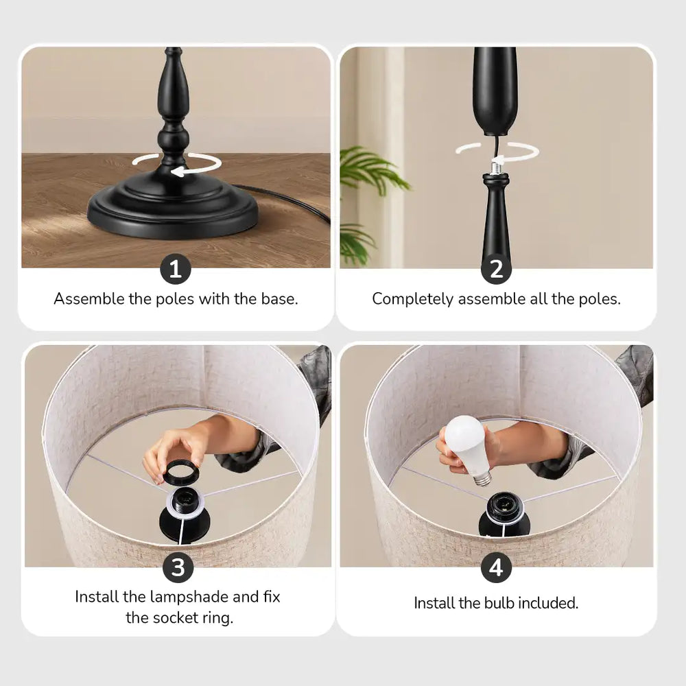 Step-by-step assembly instructions for a lamp with text overlay.