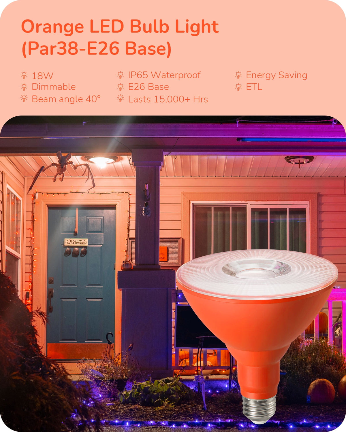 EDISHINE 4 Pack Halloween PAR38 Orange LED Flood Light Bulbs Outdoor,