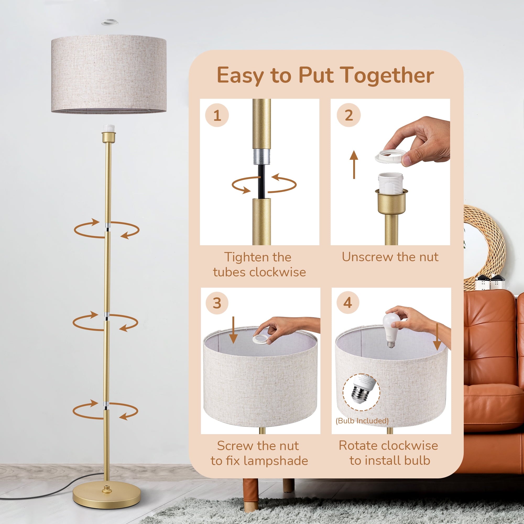 EDISHINE 63.6'' Gold Floor Lamps for Living Room, With Remote Control And LED Bulb Included