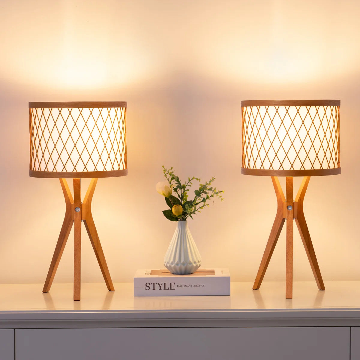 Natural Solid Wood Tripod Table Lamp (Set of 2) 17.7"