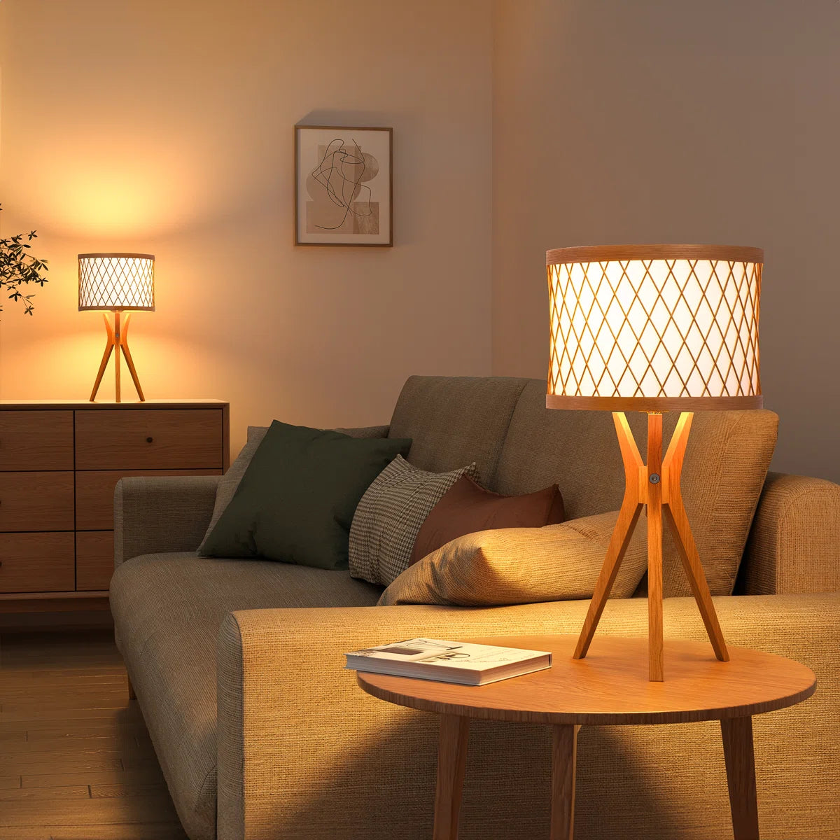 Natural Solid Wood Tripod Table Lamp (Set of 2) 17.7"