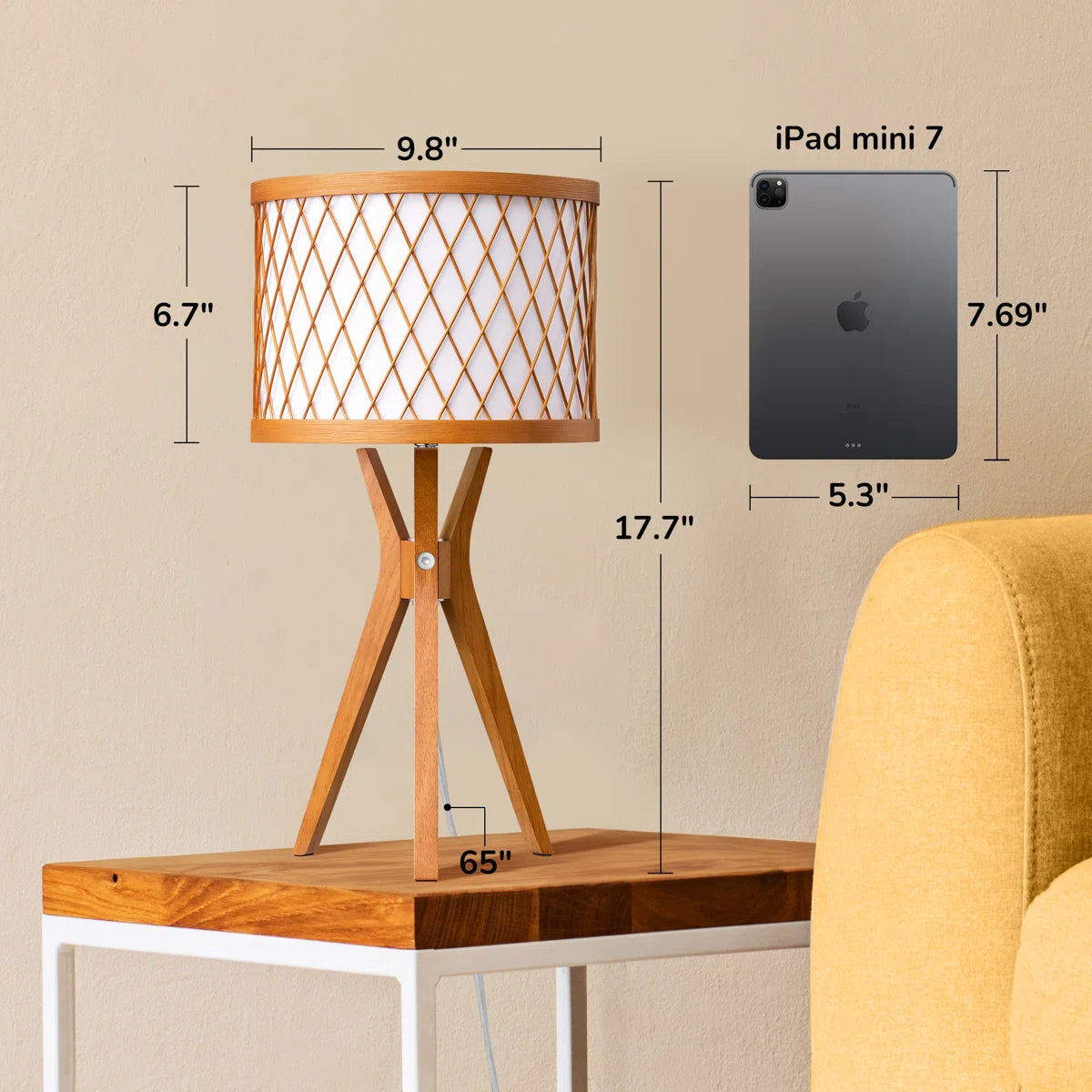 Natural Solid Wood Tripod Table Lamp (Set of 2) 17.7"