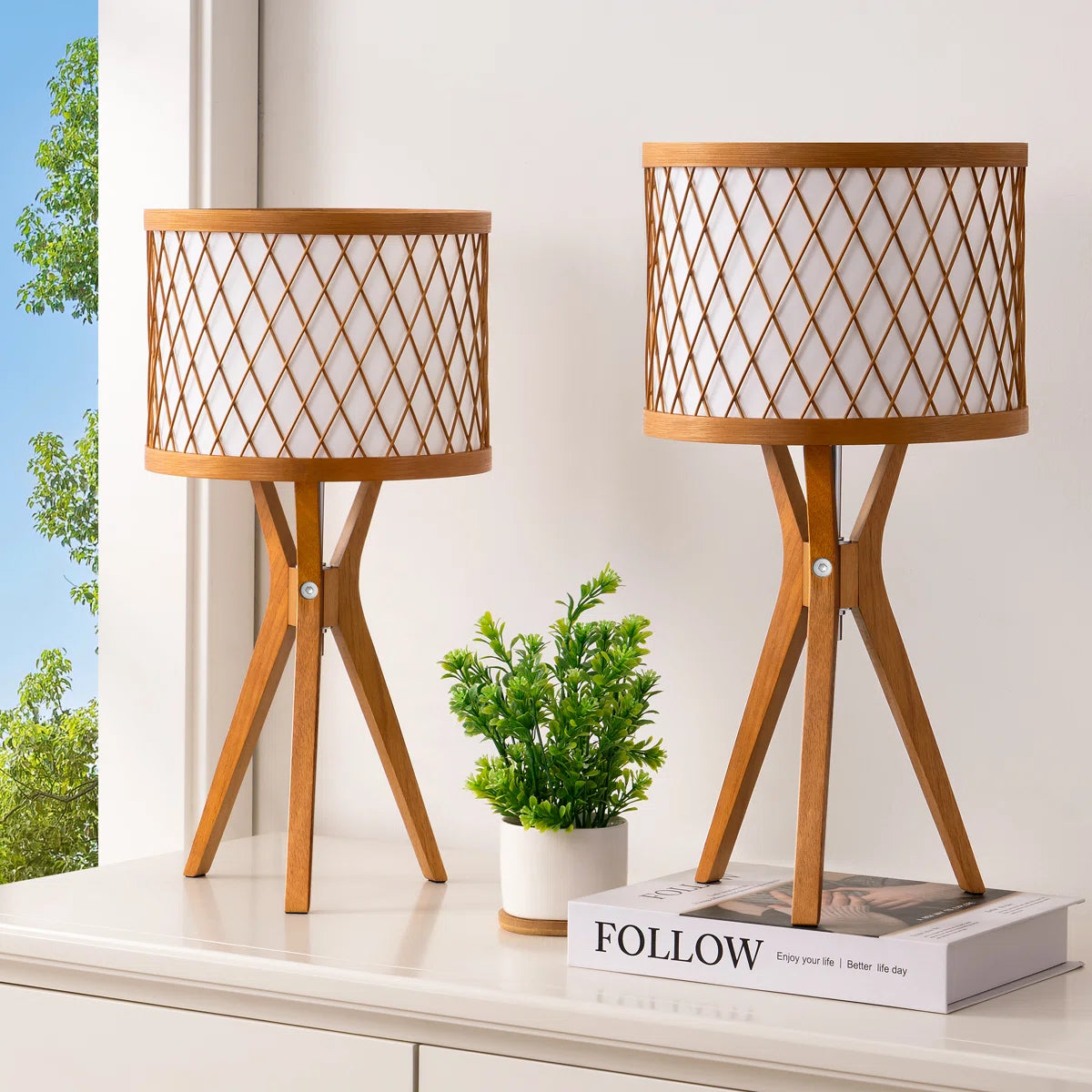 Natural Solid Wood Tripod Table Lamp (Set of 2) 17.7"