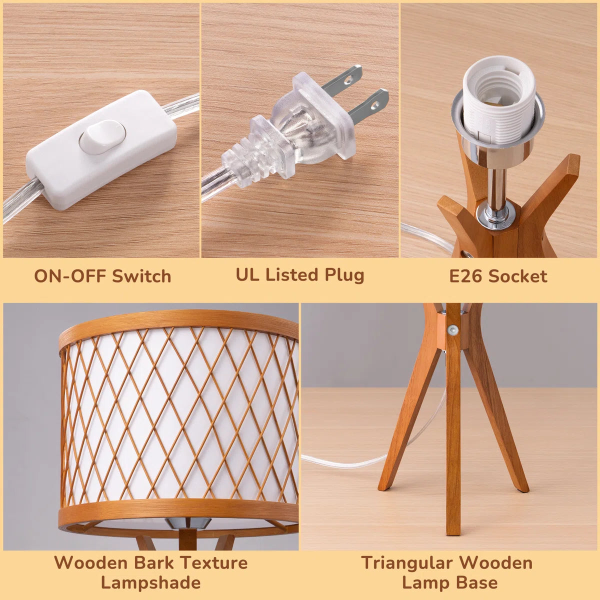 Natural Solid Wood Tripod Table Lamp (Set of 2) 17.7"