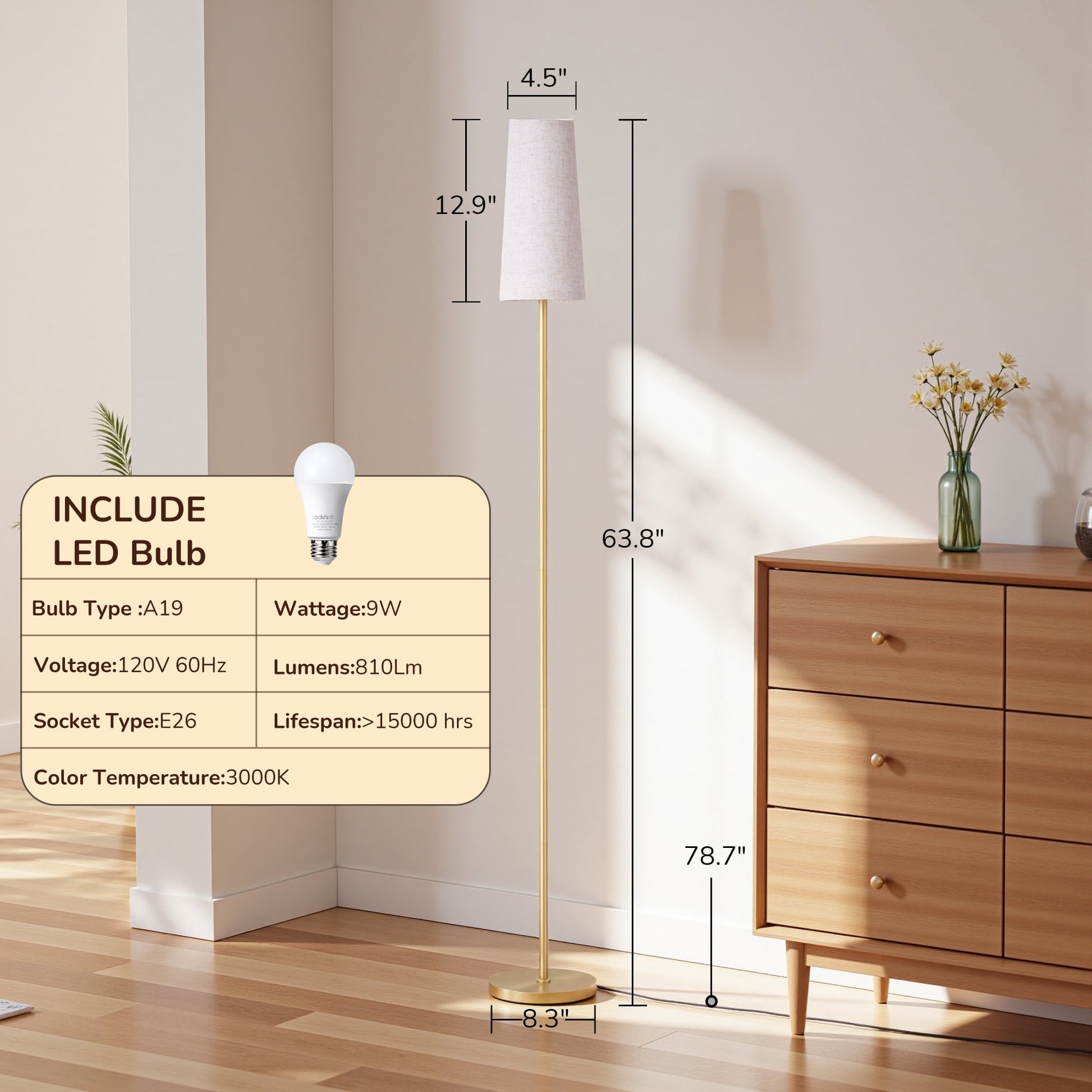 EDISHINE 65in Gold Floor Lamps for Living Room, Standing Tall Standing Light, LED Bulb Included